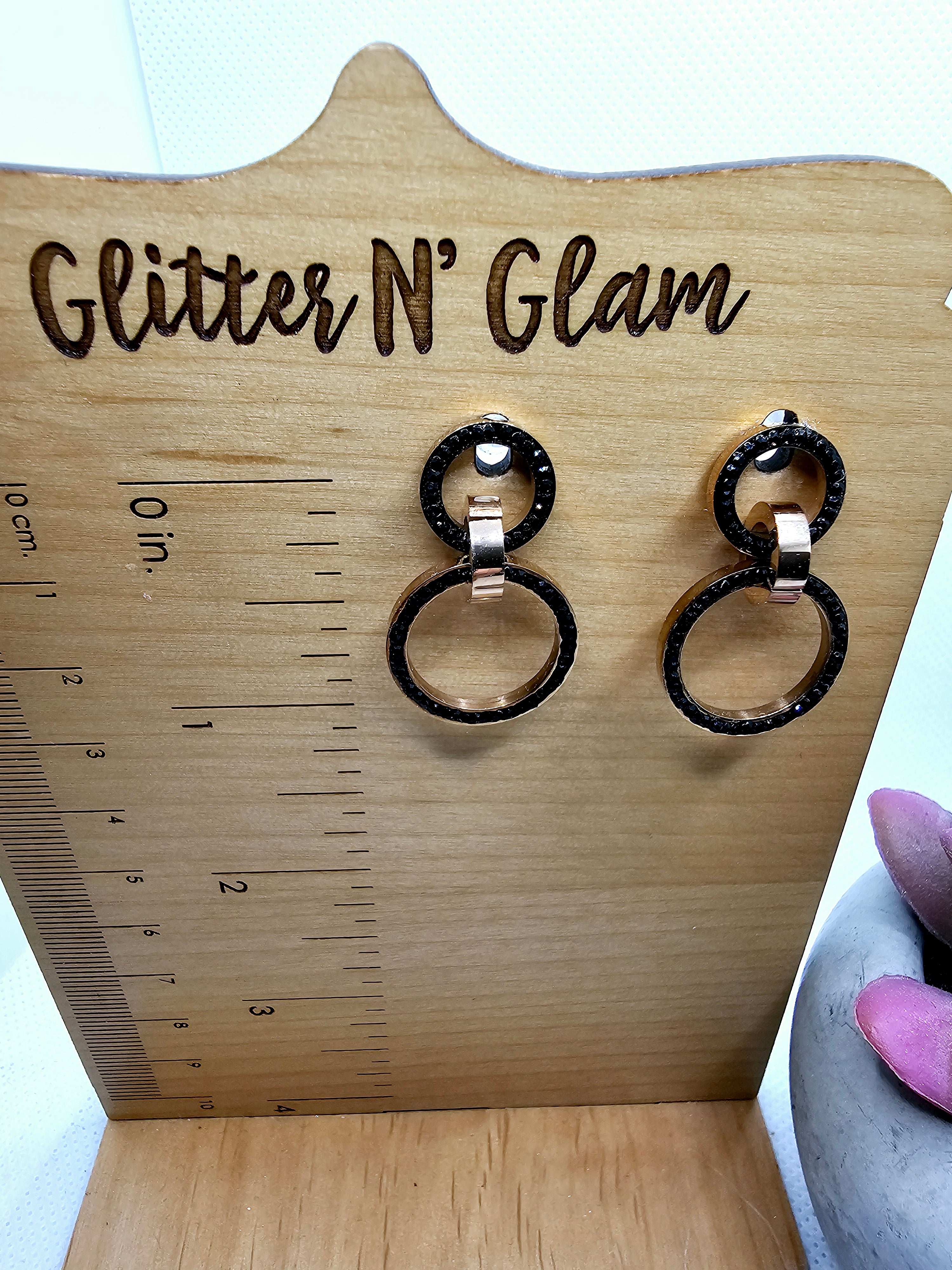 2539 Rosegold with Black Bling Open Double Circles Dangle Earrings