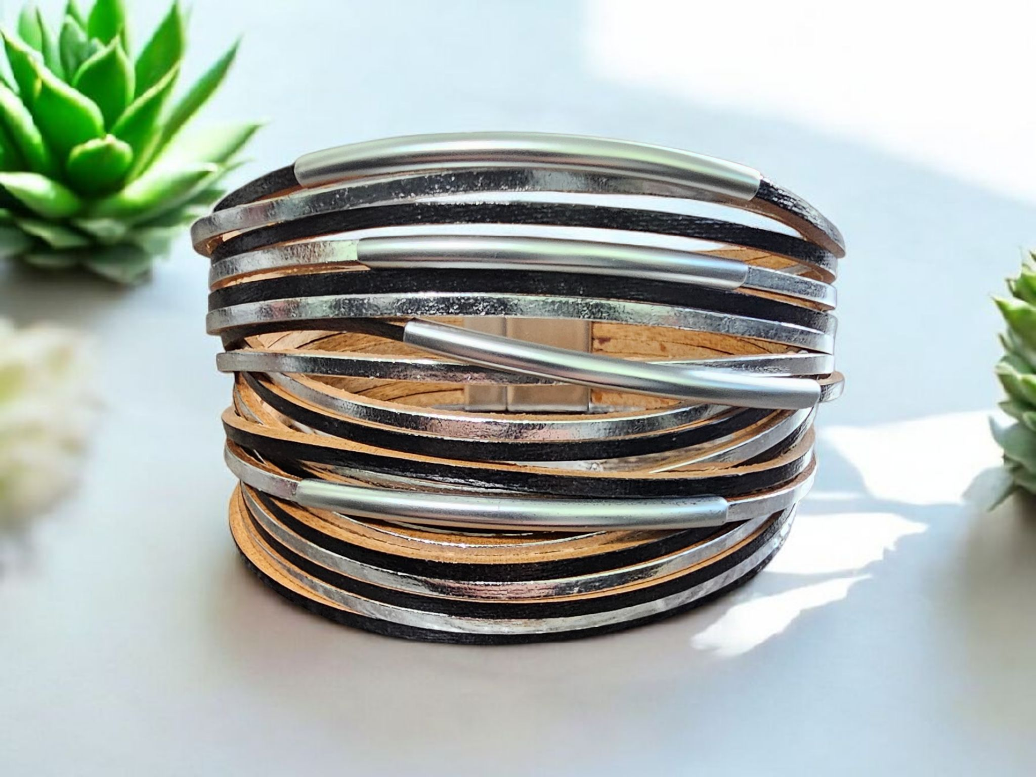 2782 Black and Silver Leather Wrap Bracelet with Magnetic Clasp