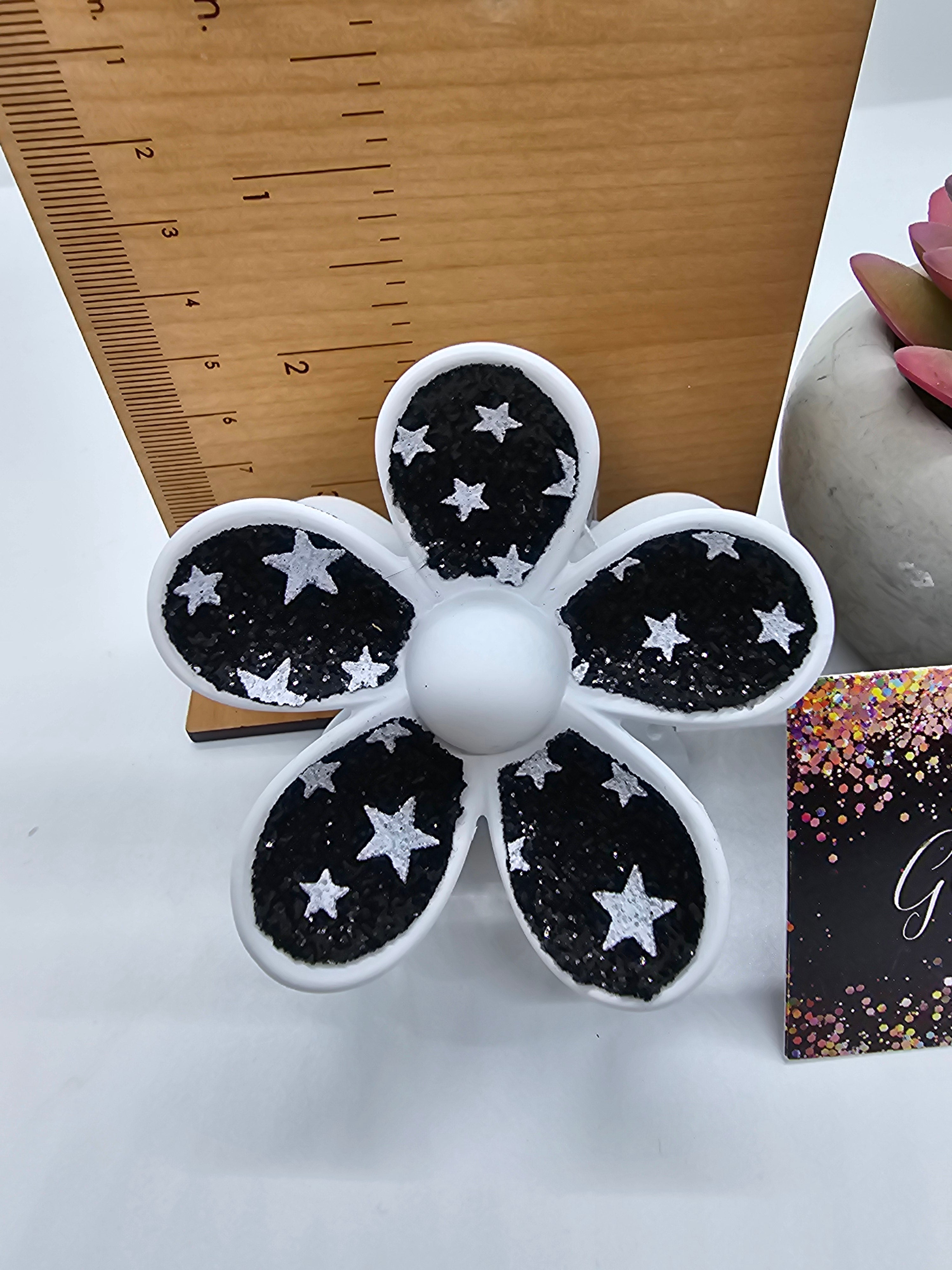 2632 White Sparkly Stars Leather Hair Claw Clip