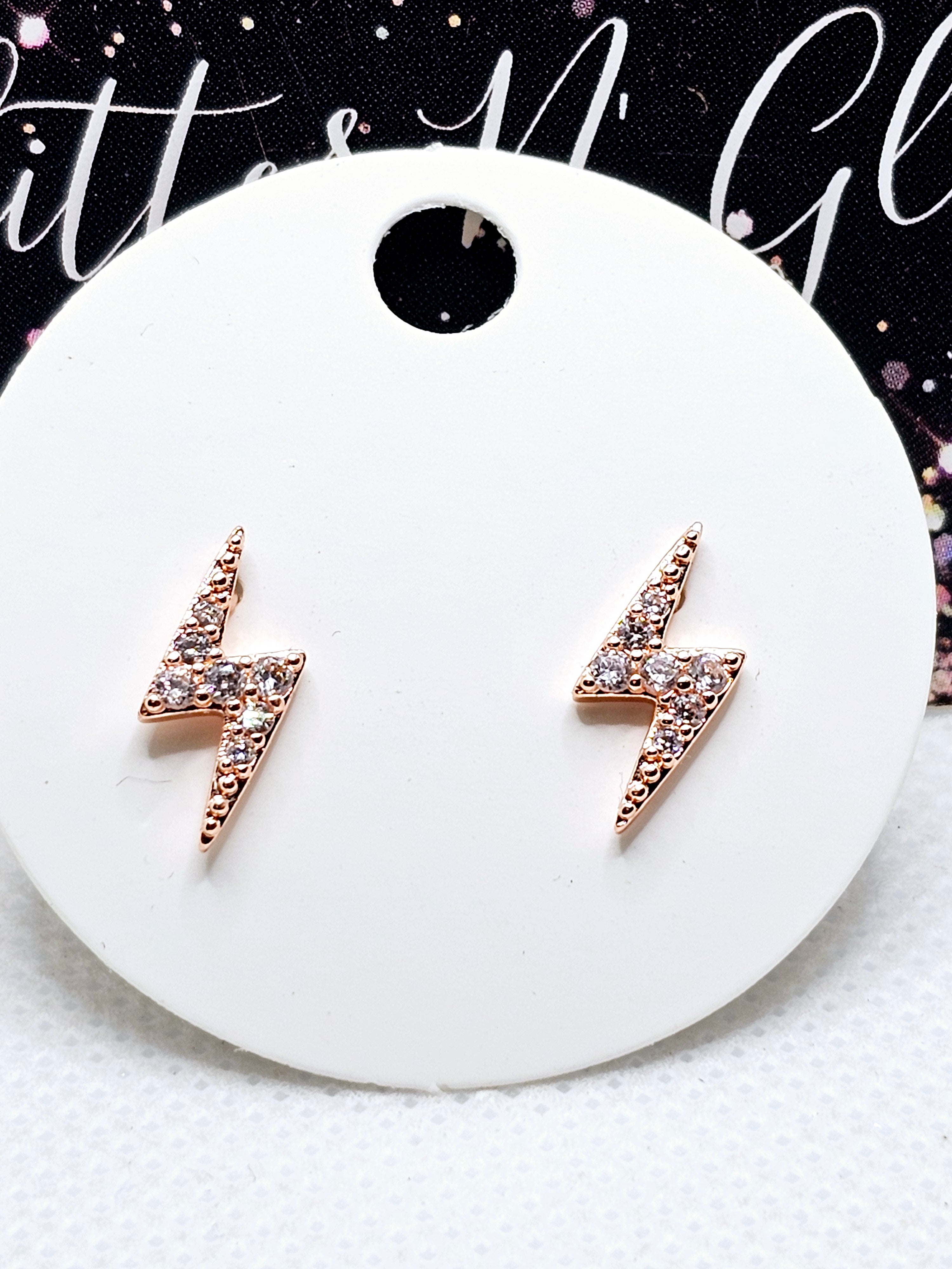2521 Rosegold Lightening Bolt Stud Earrings with Bling