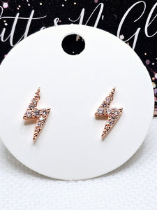 2521 Rosegold Lightening Bolt Stud Earrings with Bling