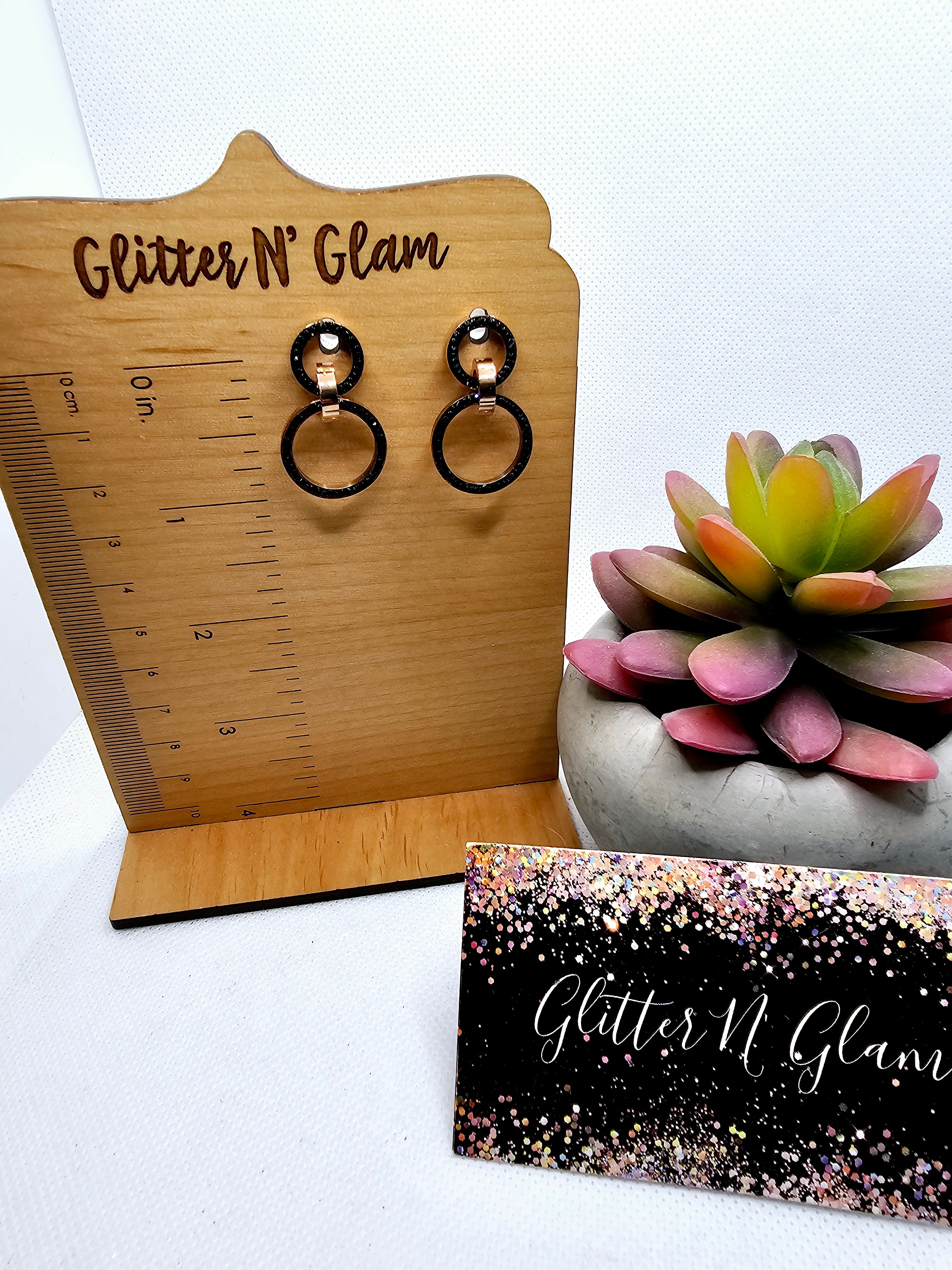 2539 Rosegold with Black Bling Open Double Circles Dangle Earrings