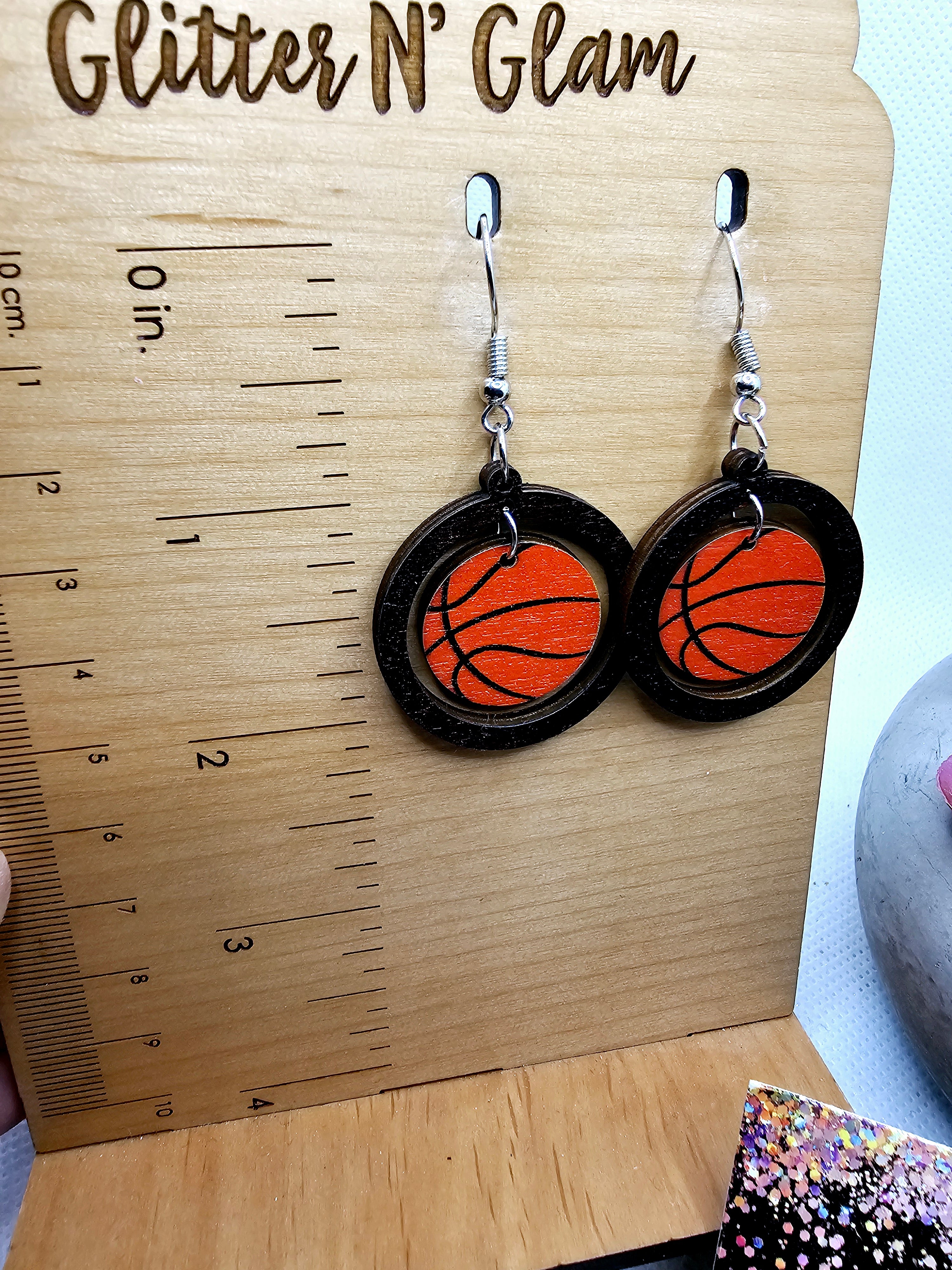 2548 Black Wood Basketball Dangle Earrings