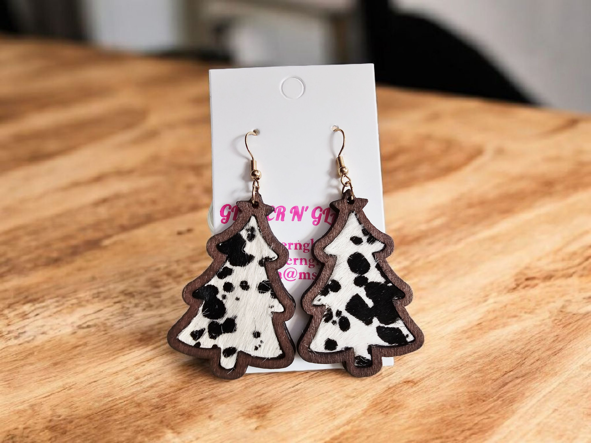 2799 Cow Print Hair-On Leather Wooden Christmas Tree Dangle Earrings