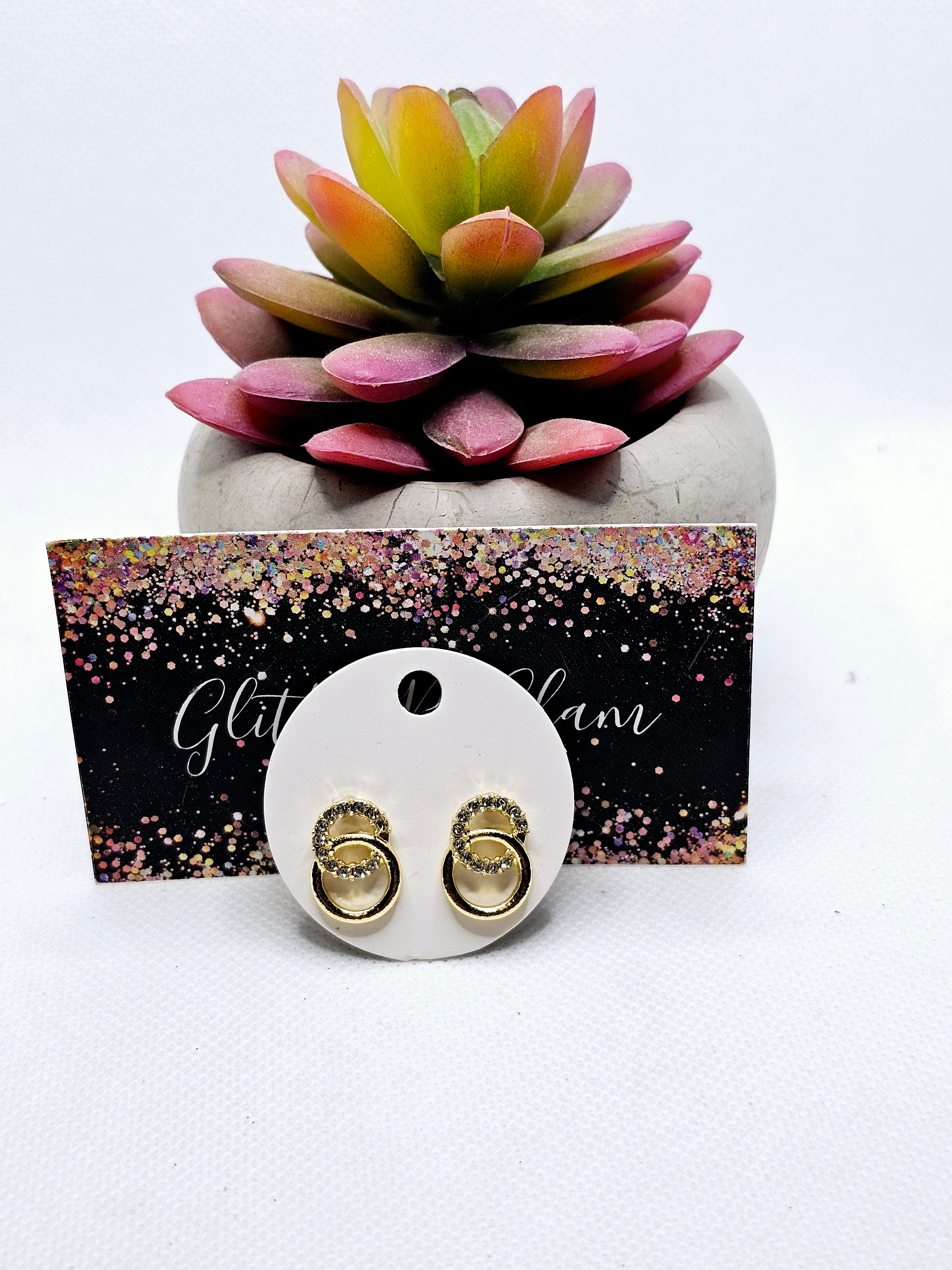 2536 Gold Double Circle Bling Dangle Earrings
