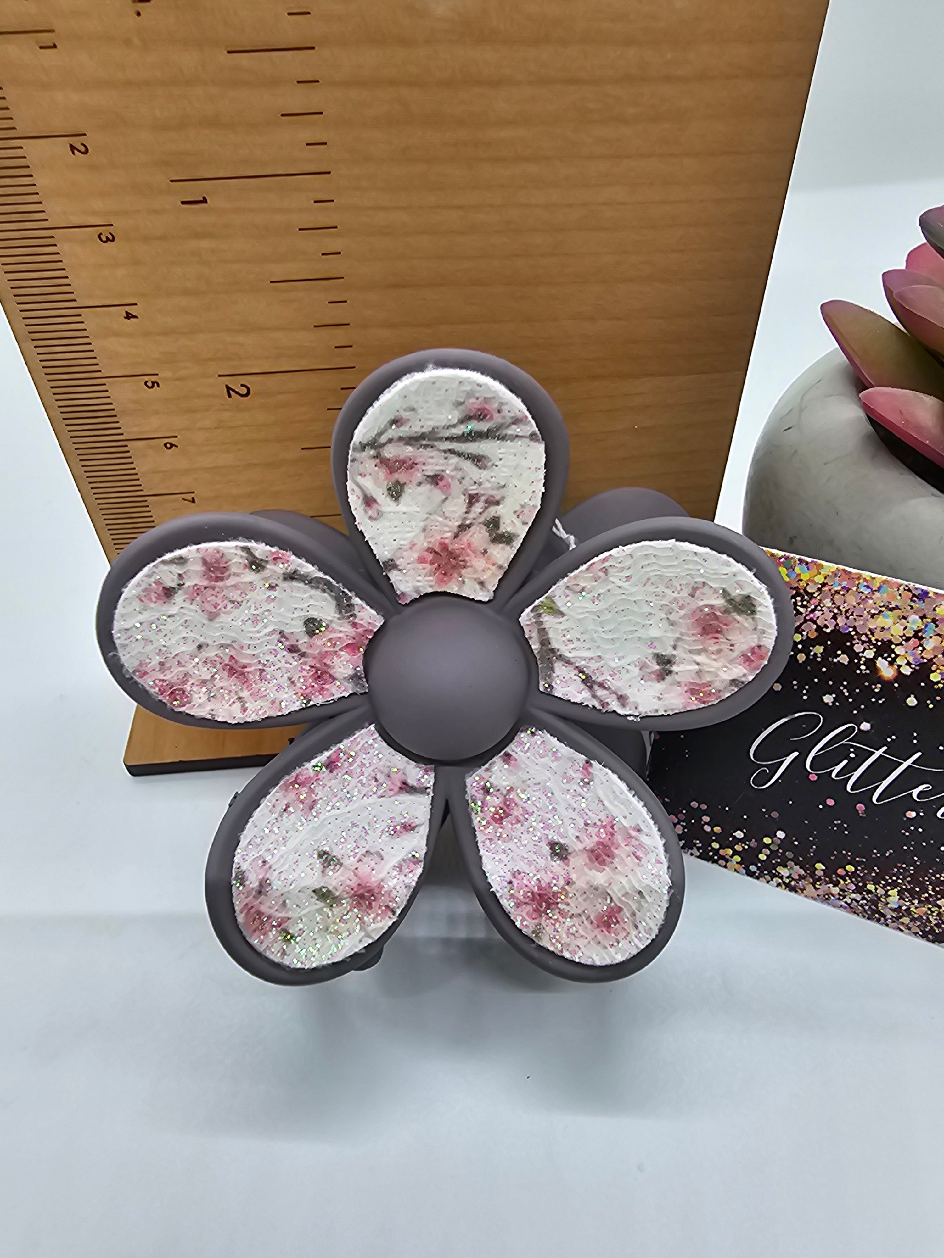 2627 Gray and Pink Sparkly Leather Flower Hair Claw Clip
