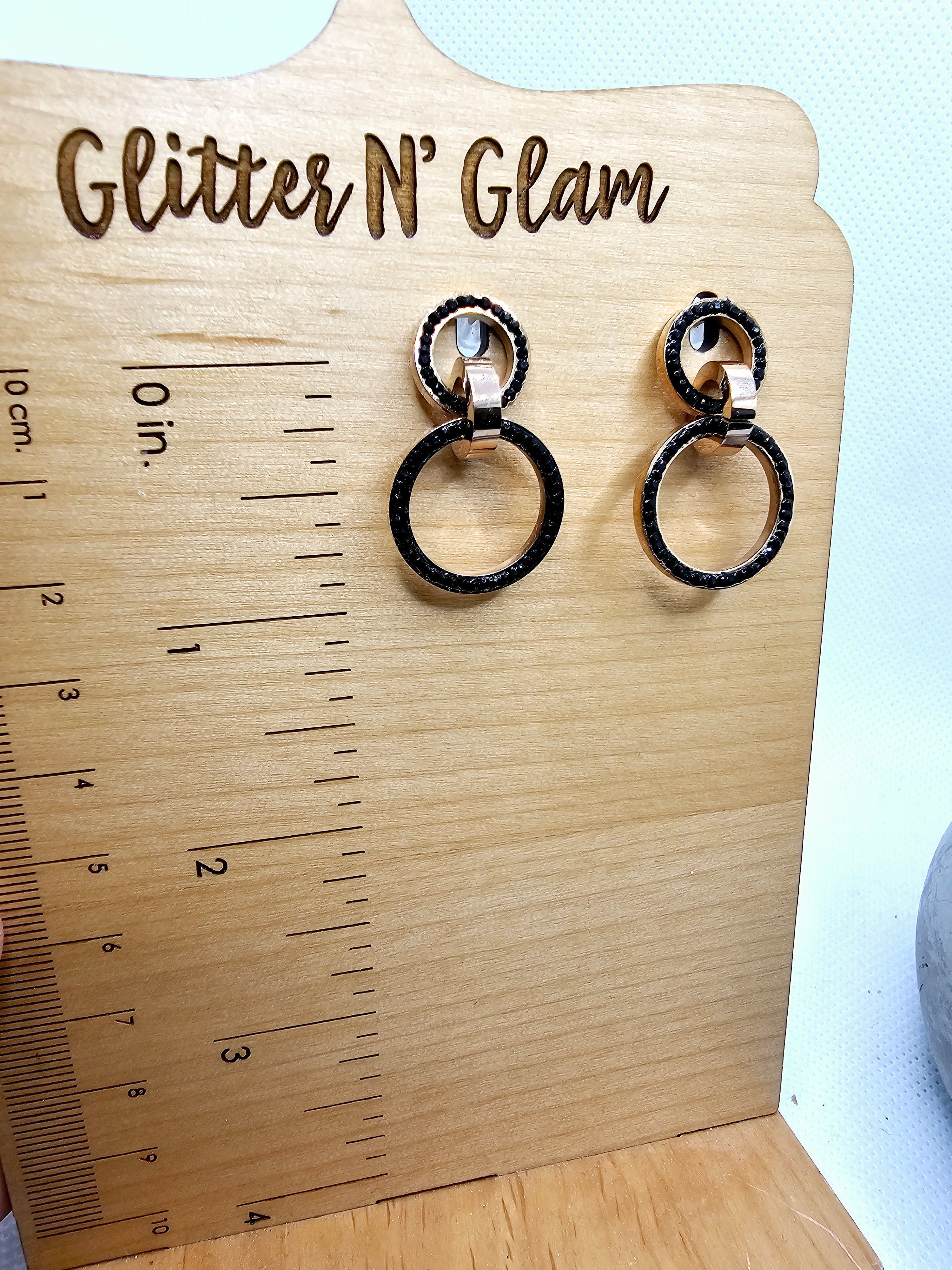 2539 Rosegold with Black Bling Open Double Circles Dangle Earrings