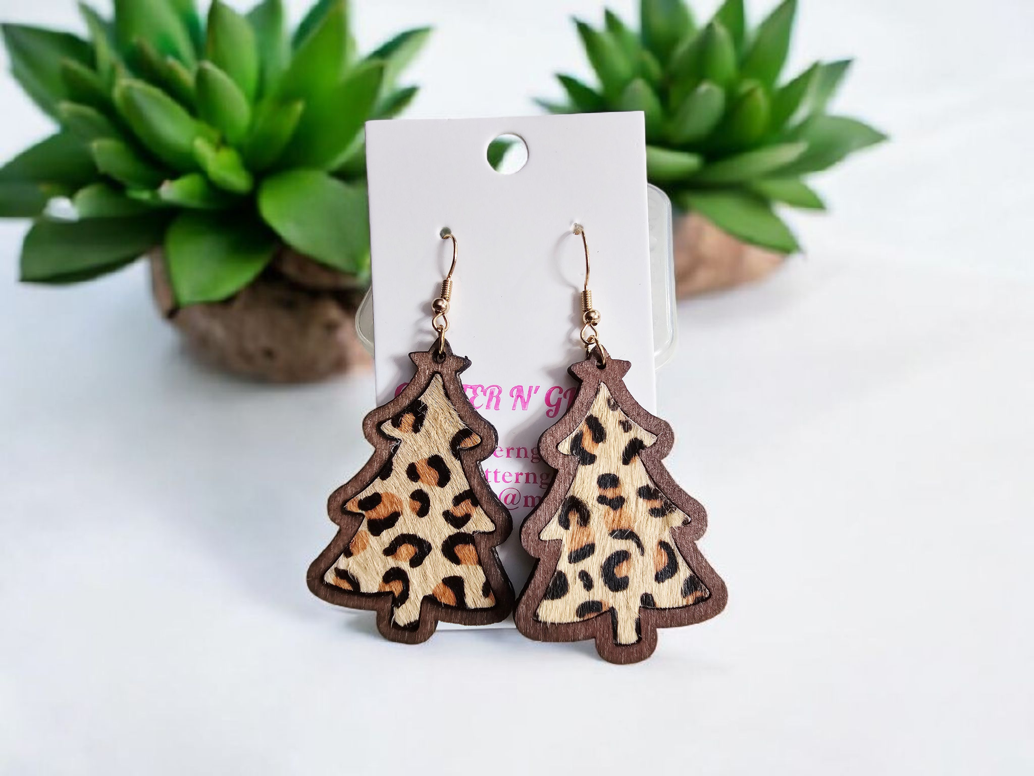 2800 Animal Print Hair-On Leather Wood Christmas Tree Dangle Earrings