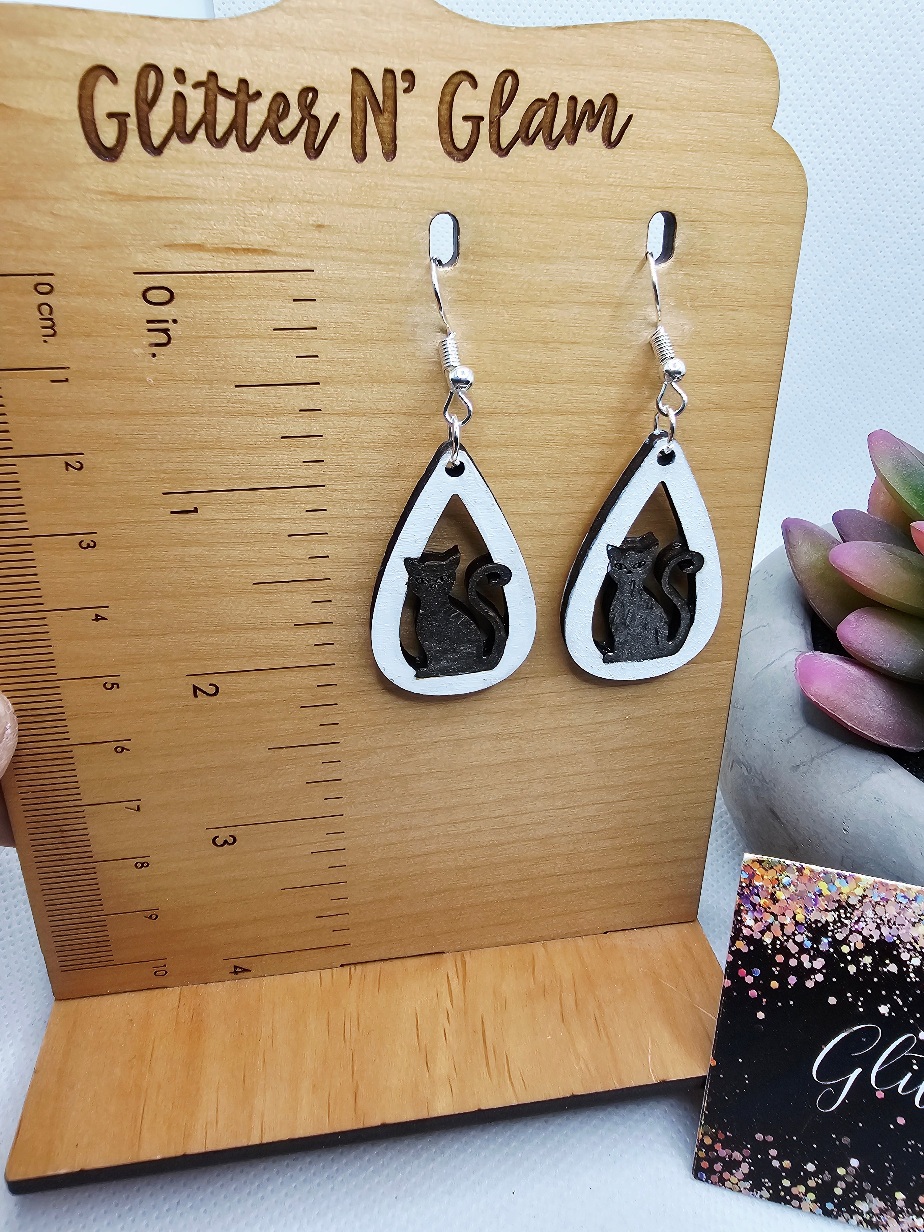 2681 Black Cat Wood Dangle Earrings