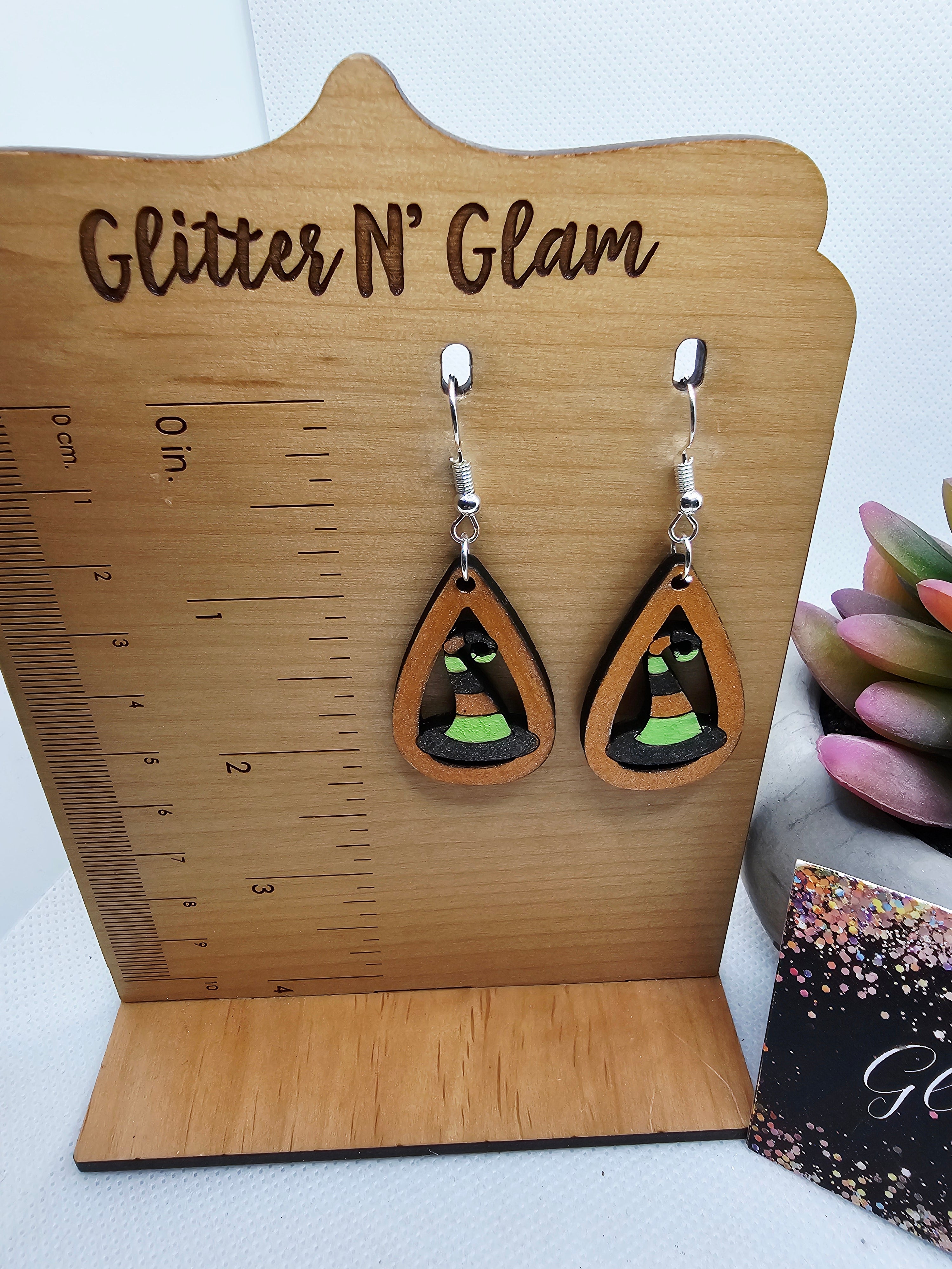 2683 Multicolored Witches Hat Wood Dangle Earrings