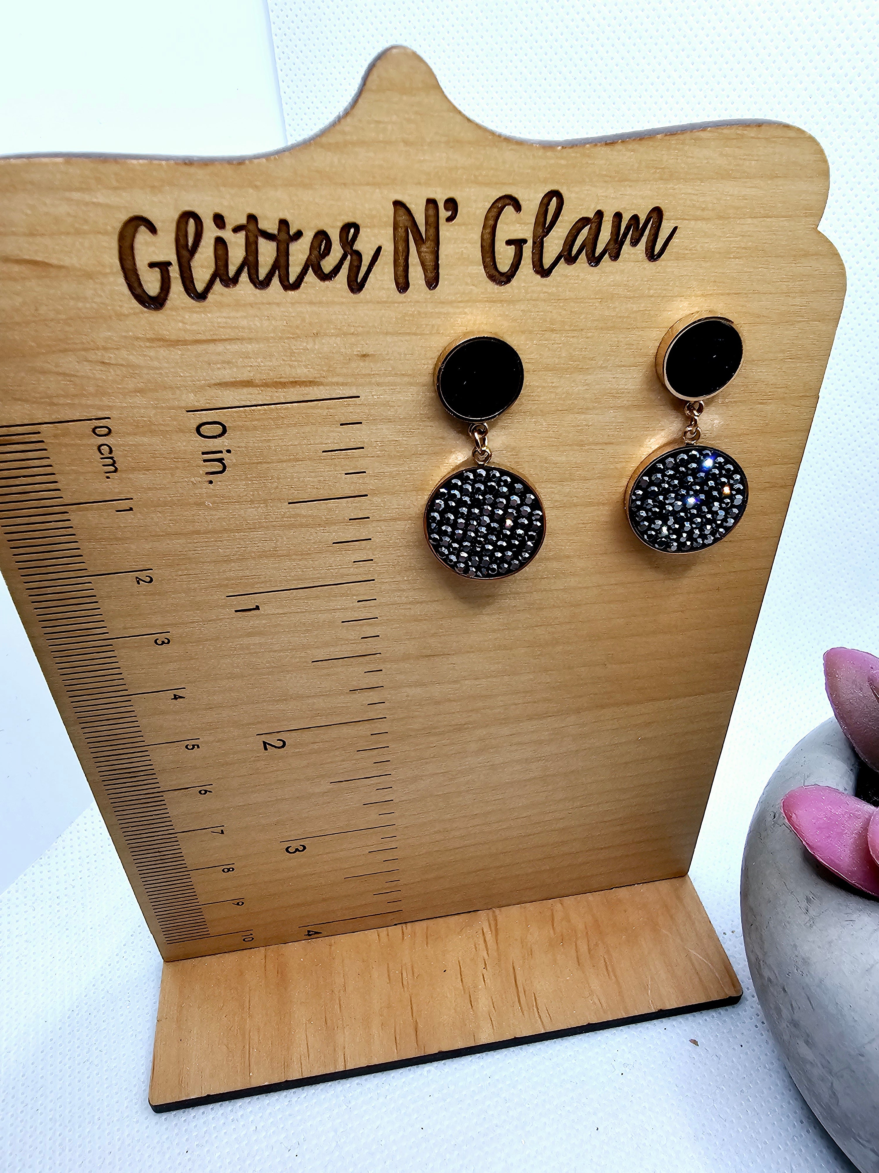 2585 Rosegold and Black Bling Closed Circle Dangle Earrings