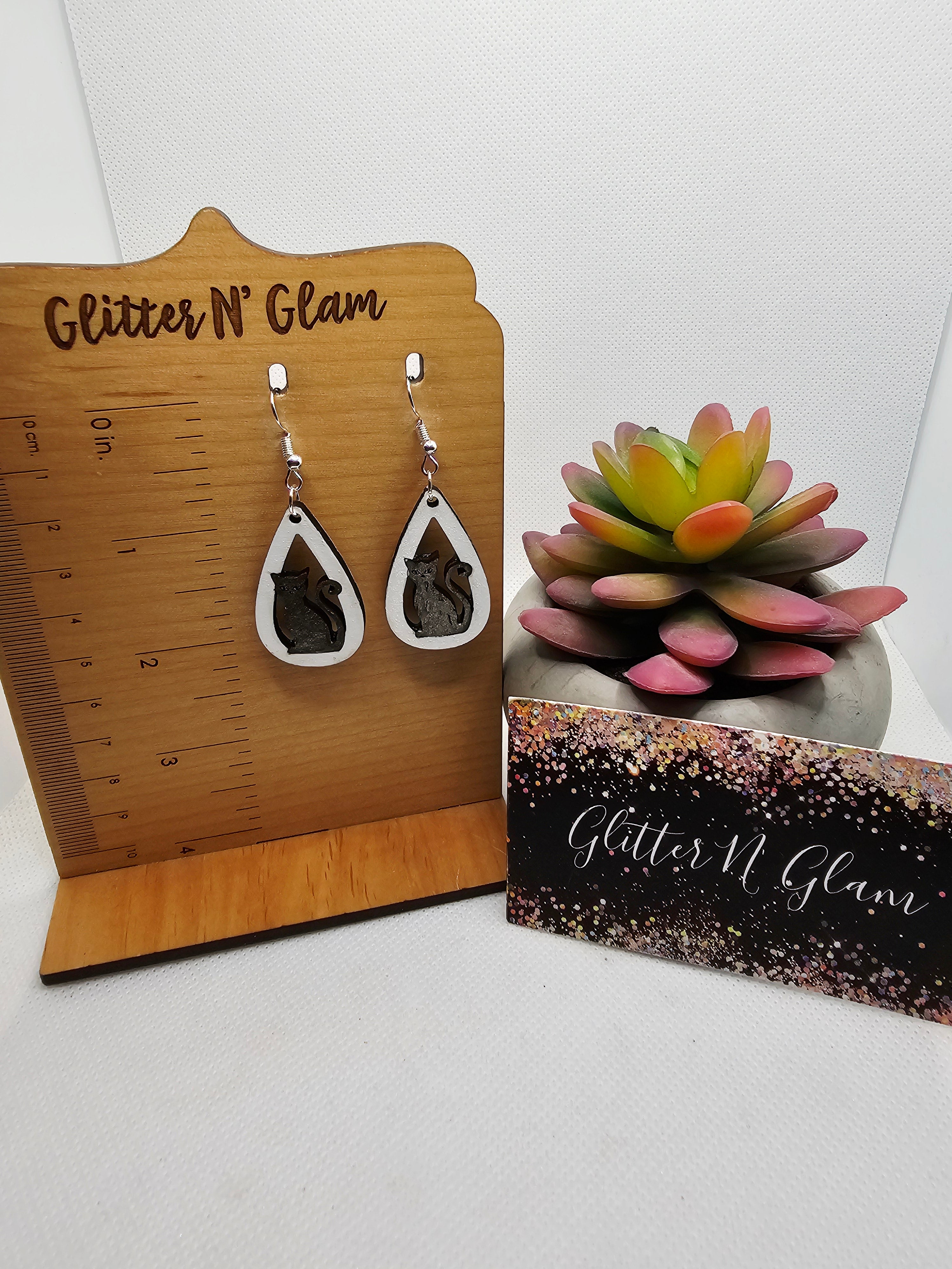 2681 Black Cat Wood Dangle Earrings