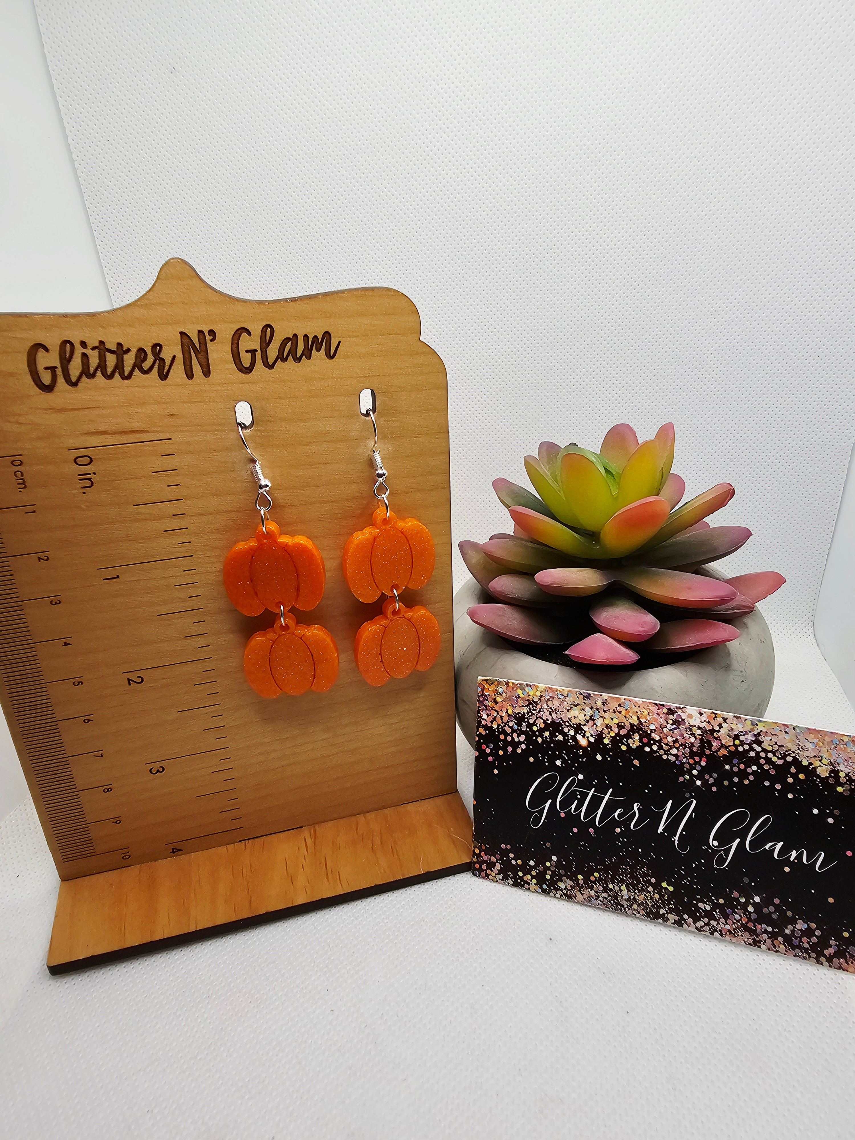 2687 Orange Sparkly Pumpkin Dangle Earrings