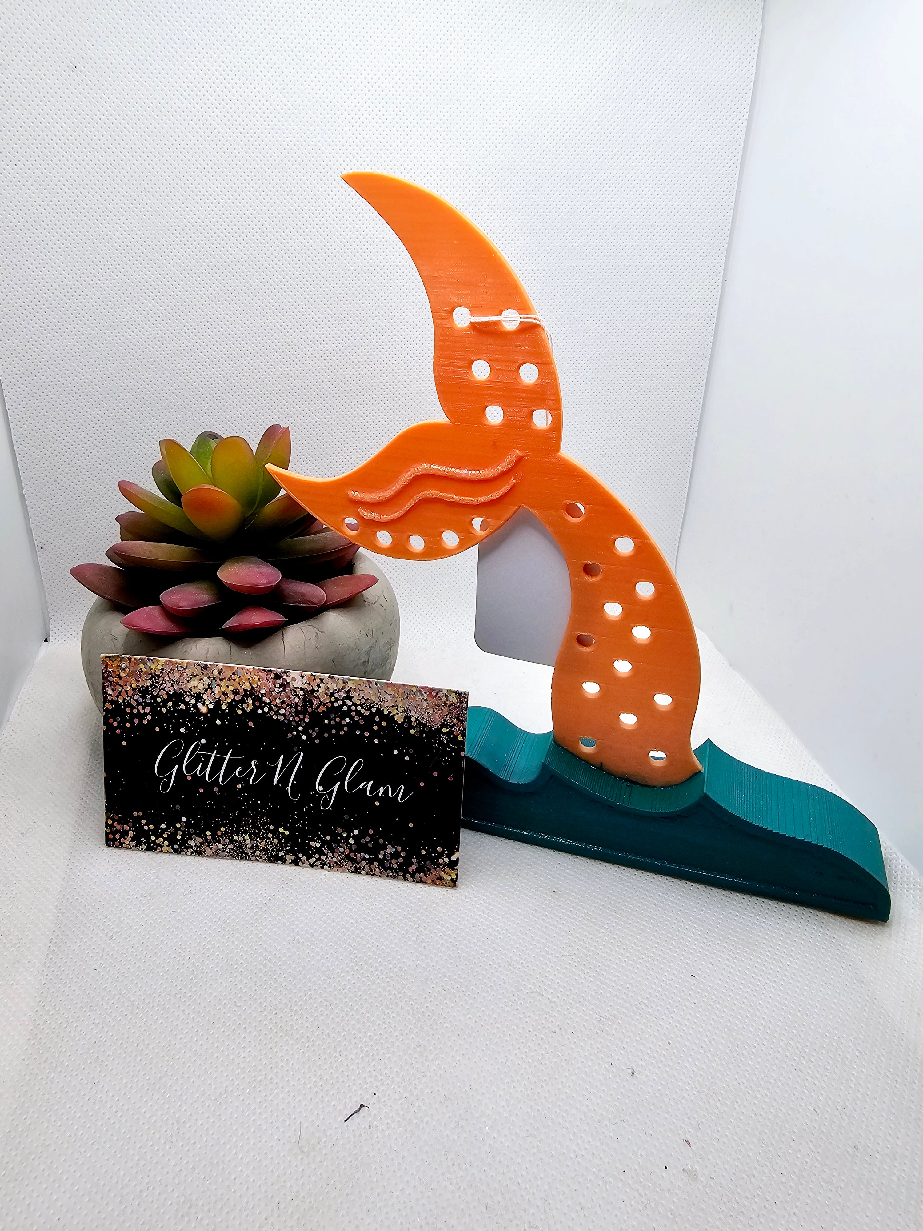 3D Coral and Teal Mermaid Tail and Wave Earring Holder