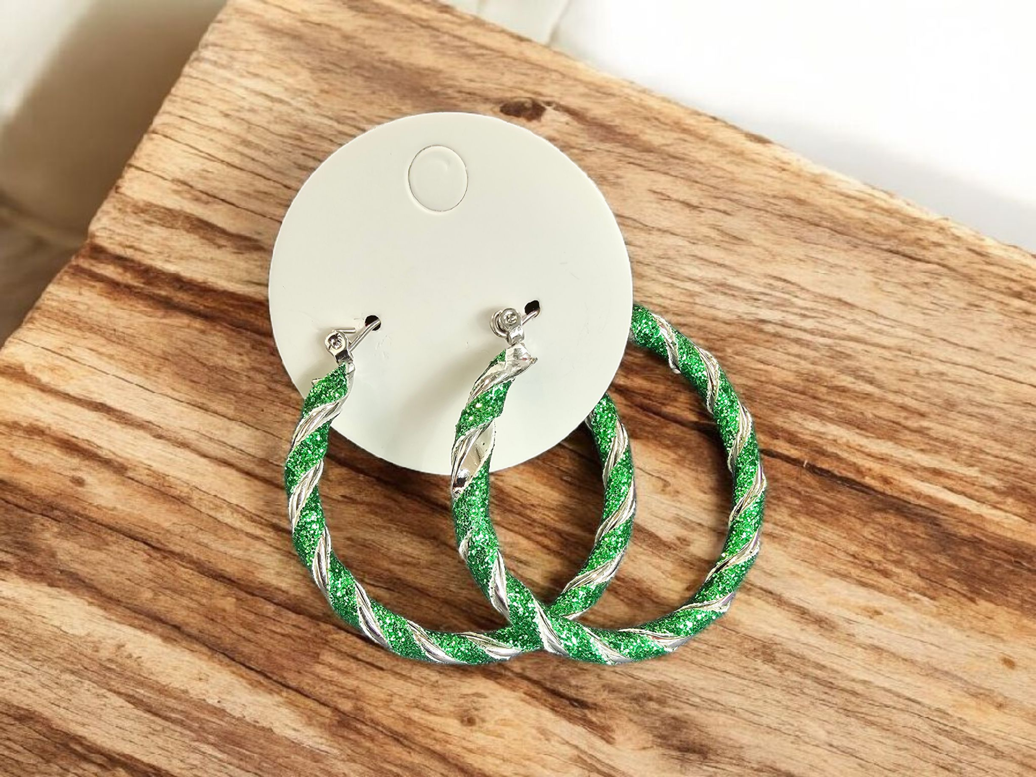 2738 Green n Silver Twist Hoops