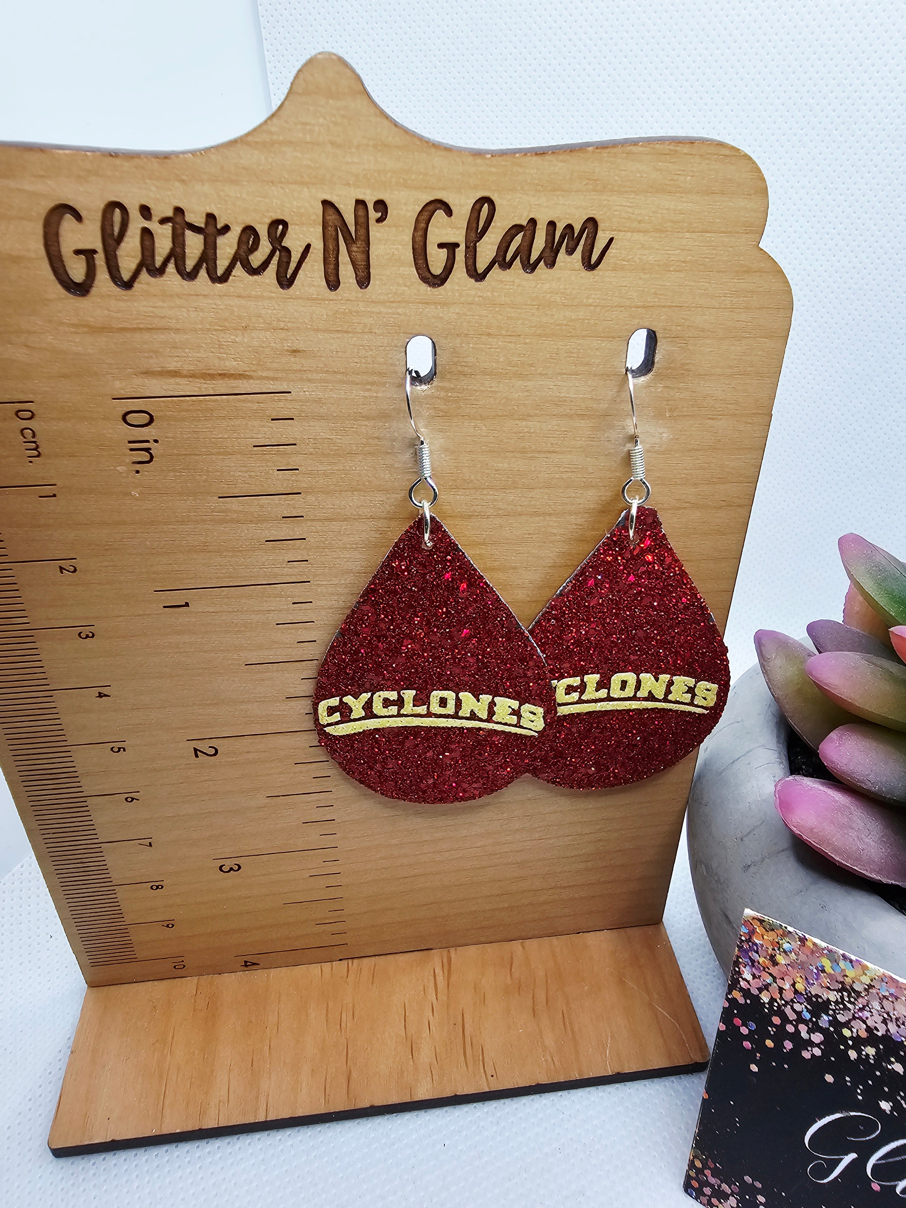 2651 Cyclones Red n Yellow Dangle Earrings