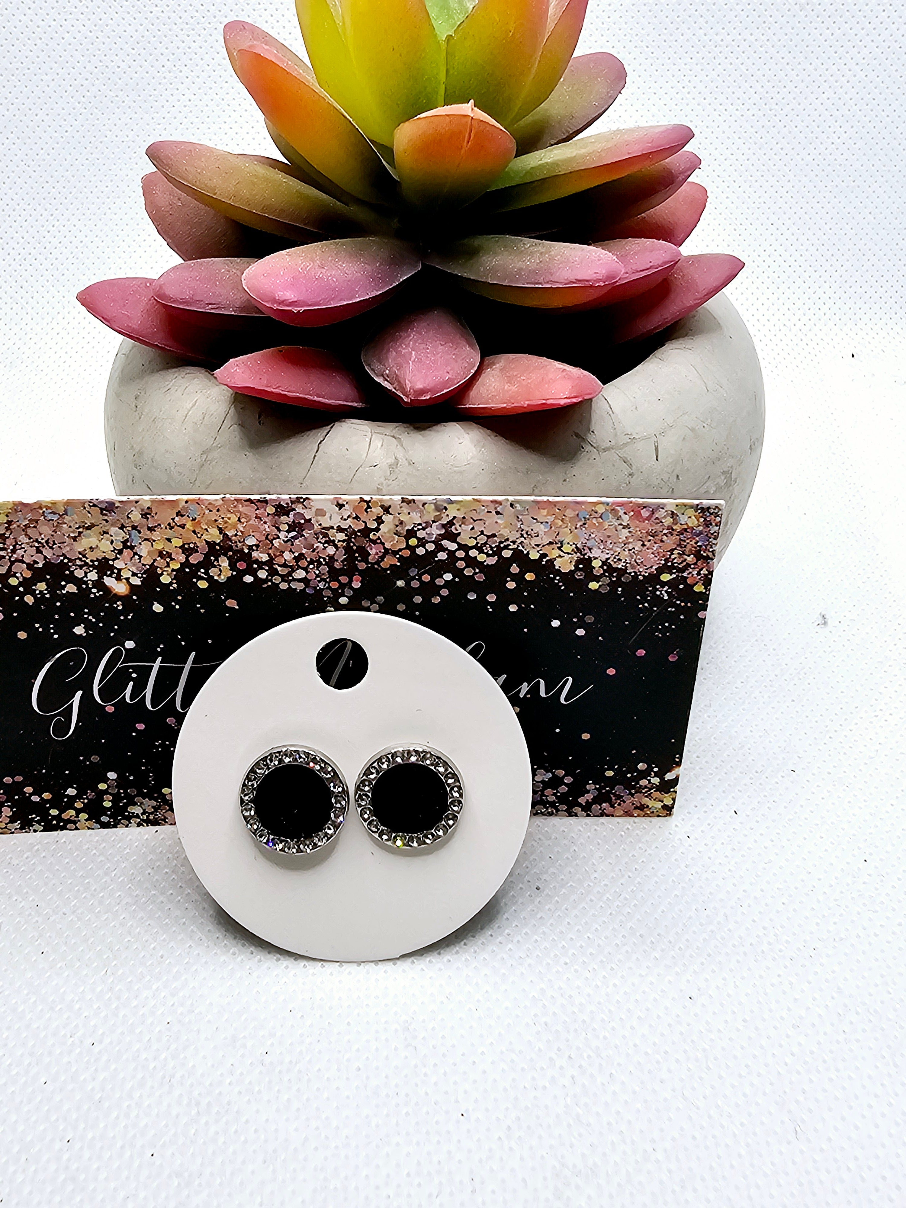 2563 Black and Silver Stud Earrings with Bling