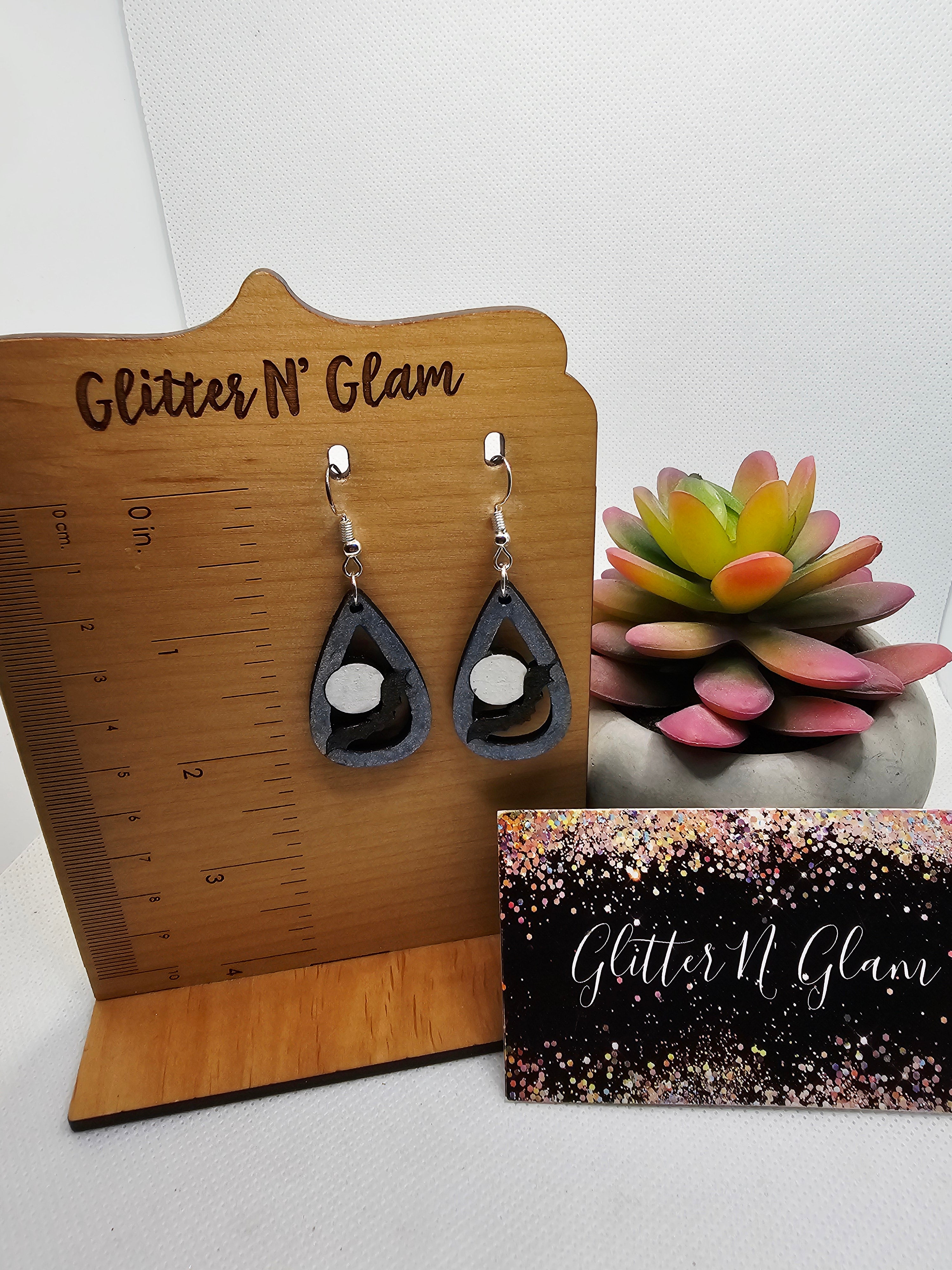 2682 Bat n Moon Wood Dangle Earrings