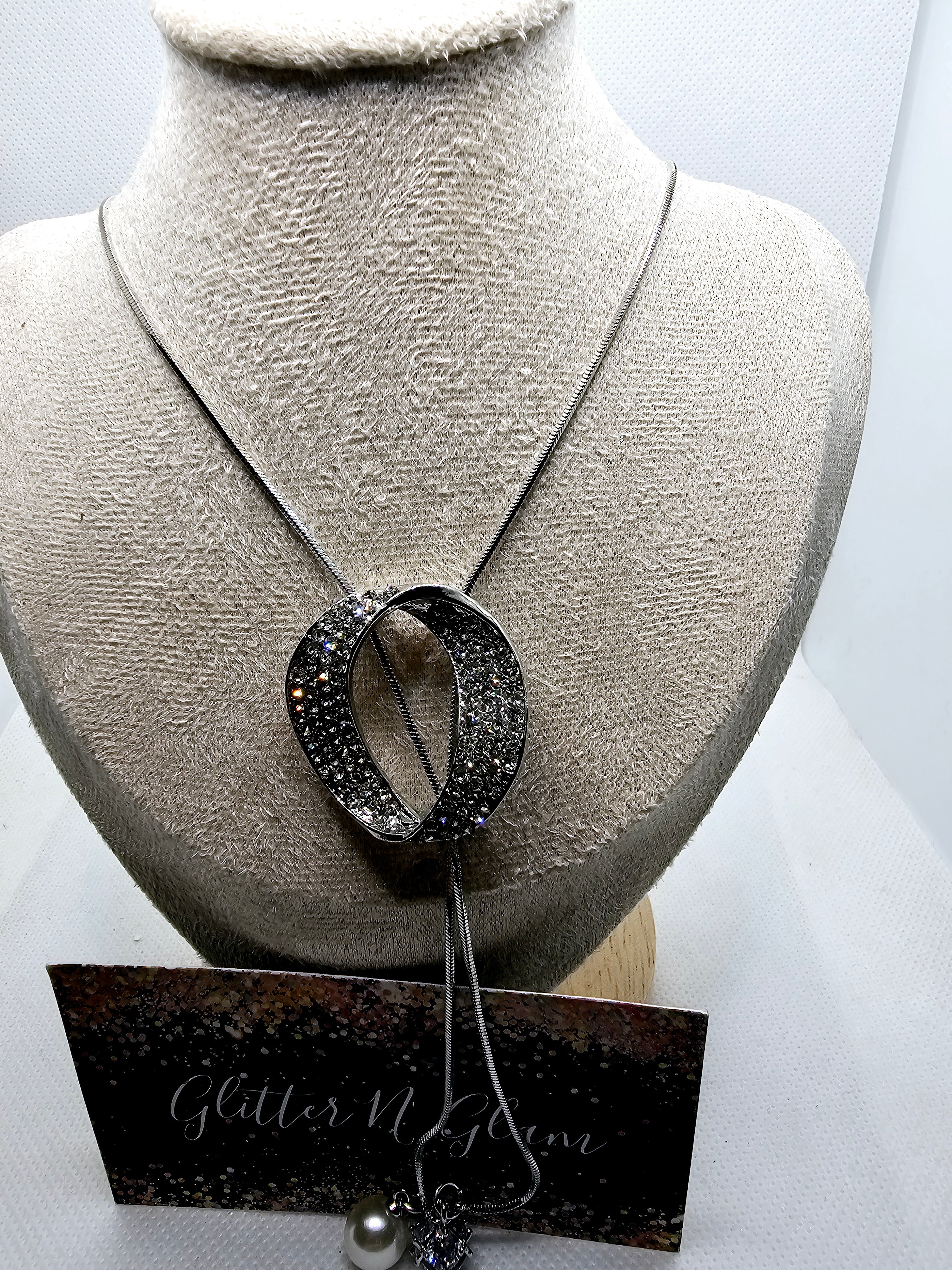 2573 Silver Long Sweater Necklace with Circle Bling