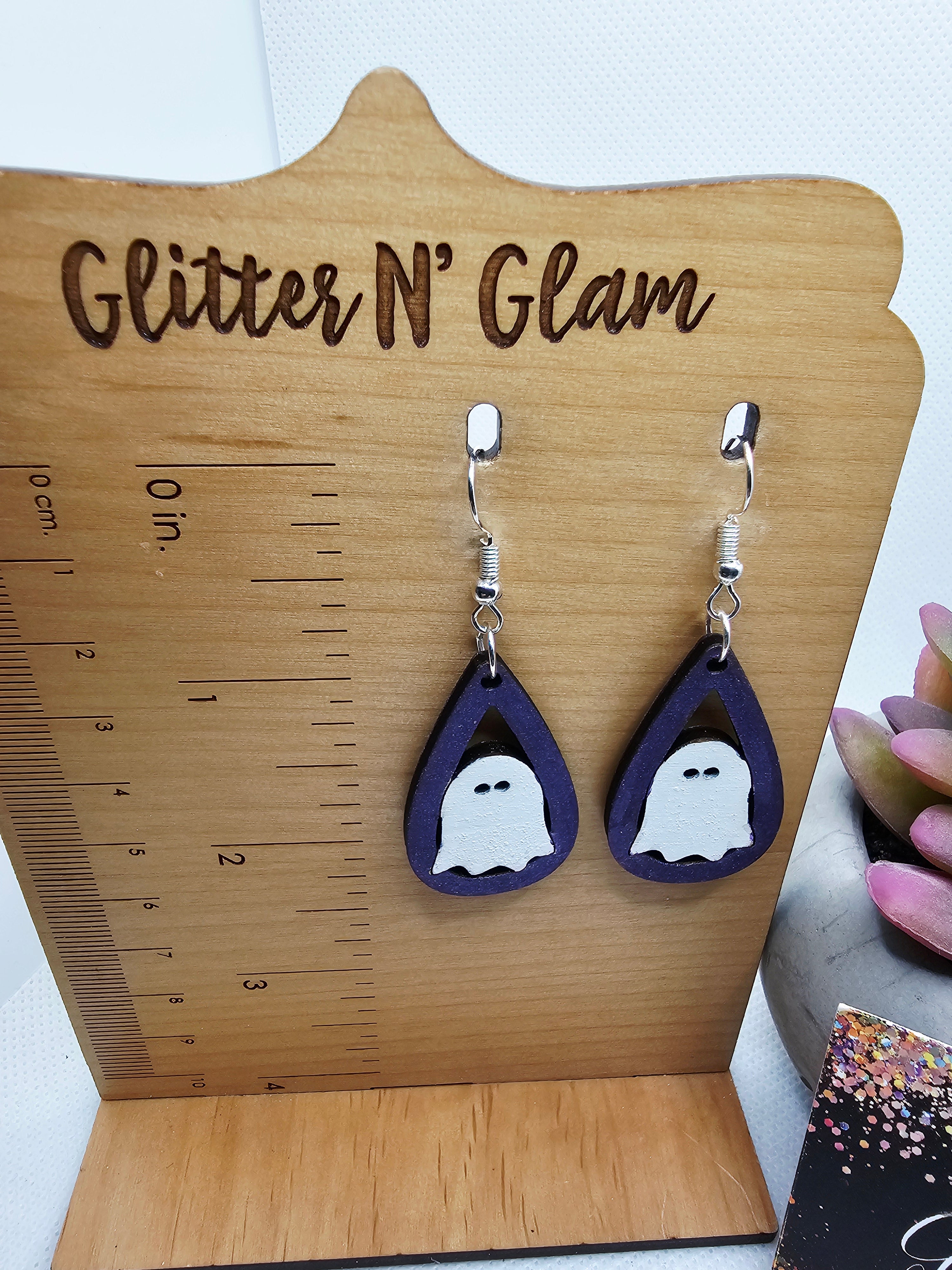 2684 Purple and White Ghost Wood Dangle Earrings