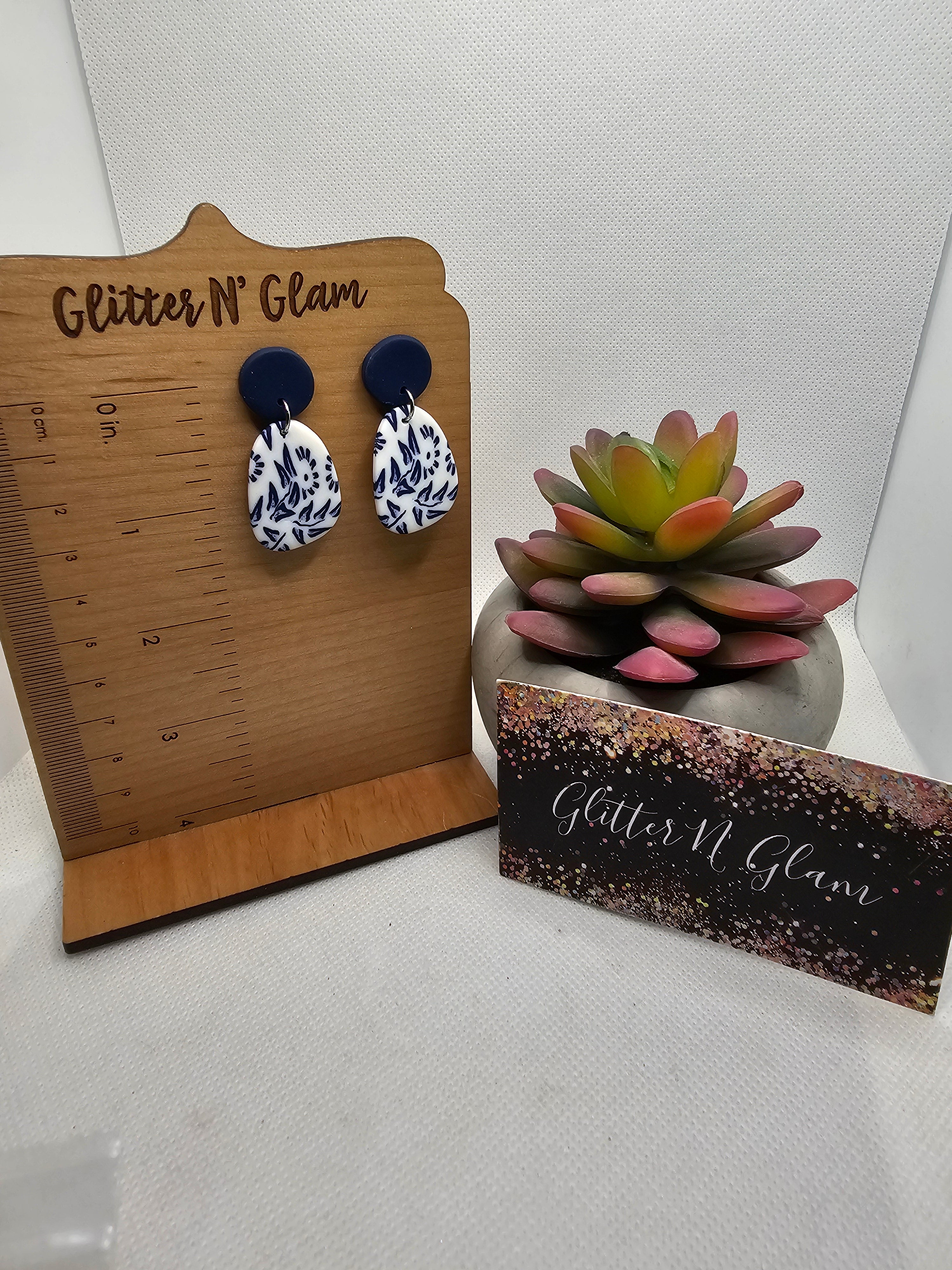 2676 Polymer Clay Navy and White Dangle Earrings