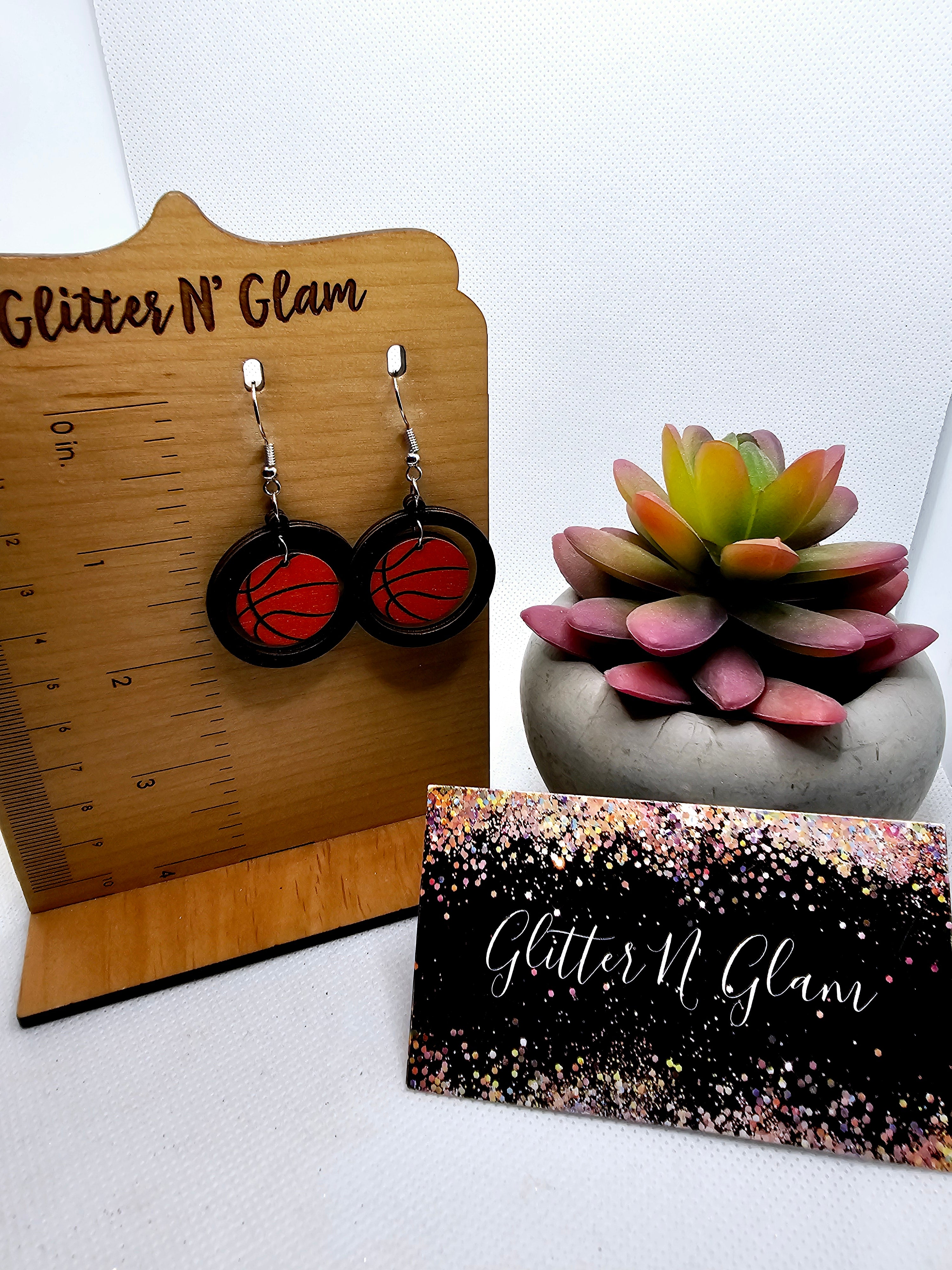 2548 Black Wood Basketball Dangle Earrings
