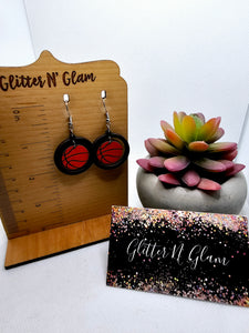 2548 Black Wood Basketball Dangle Earrings