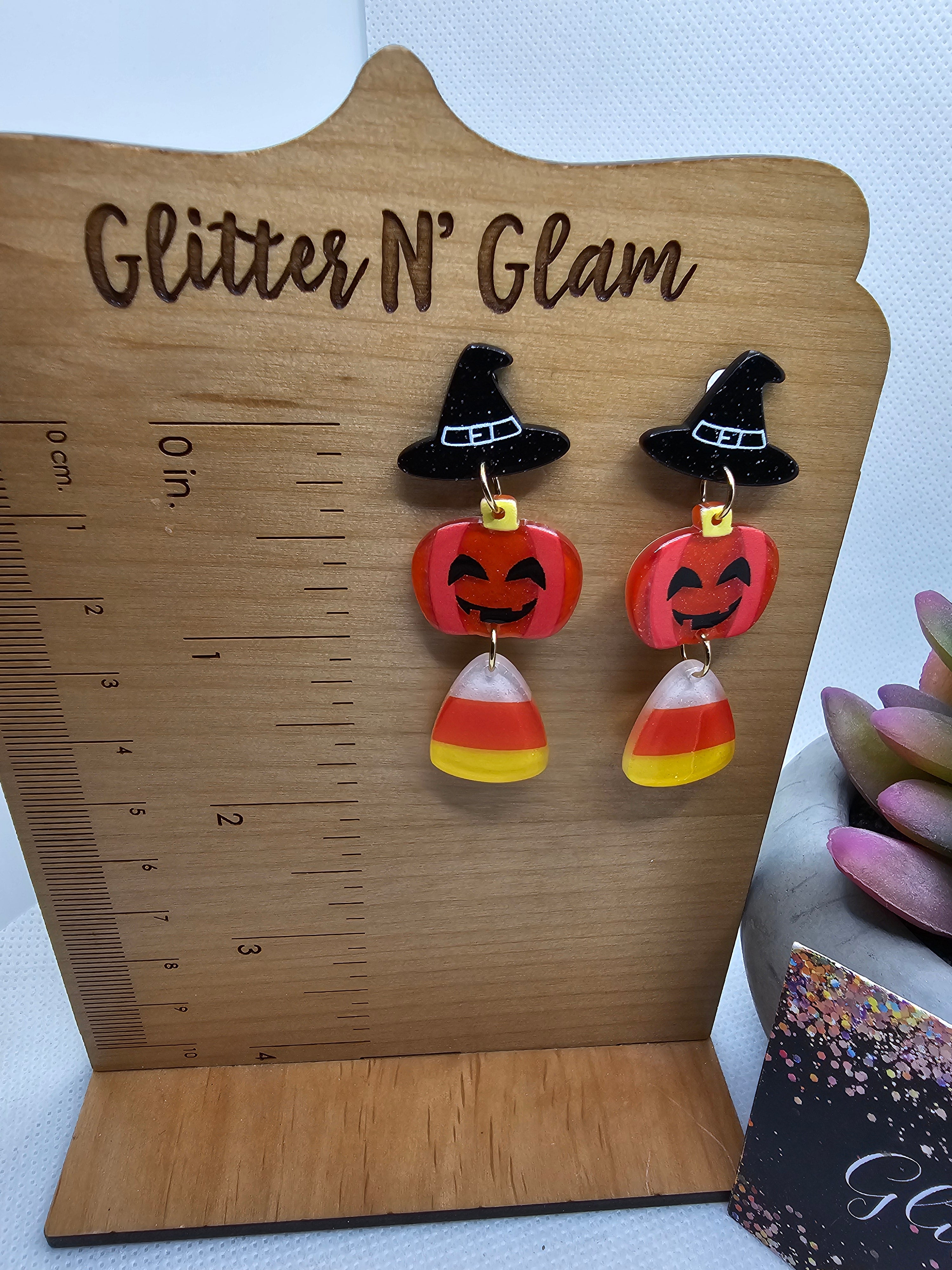 2695 Witches hat, Pumpkin and Candy Corn Dangle Earrings