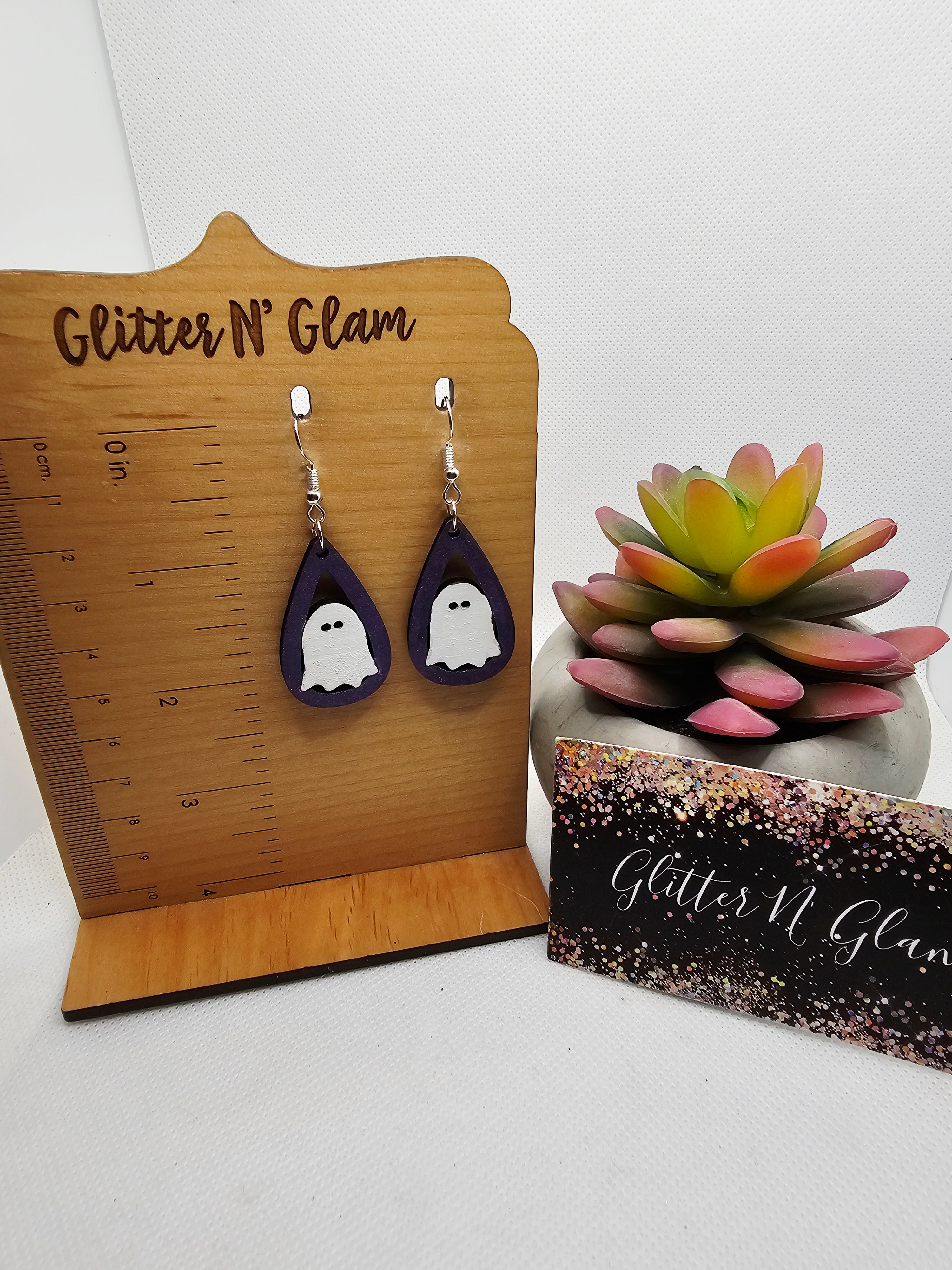 2684 Purple and White Ghost Wood Dangle Earrings