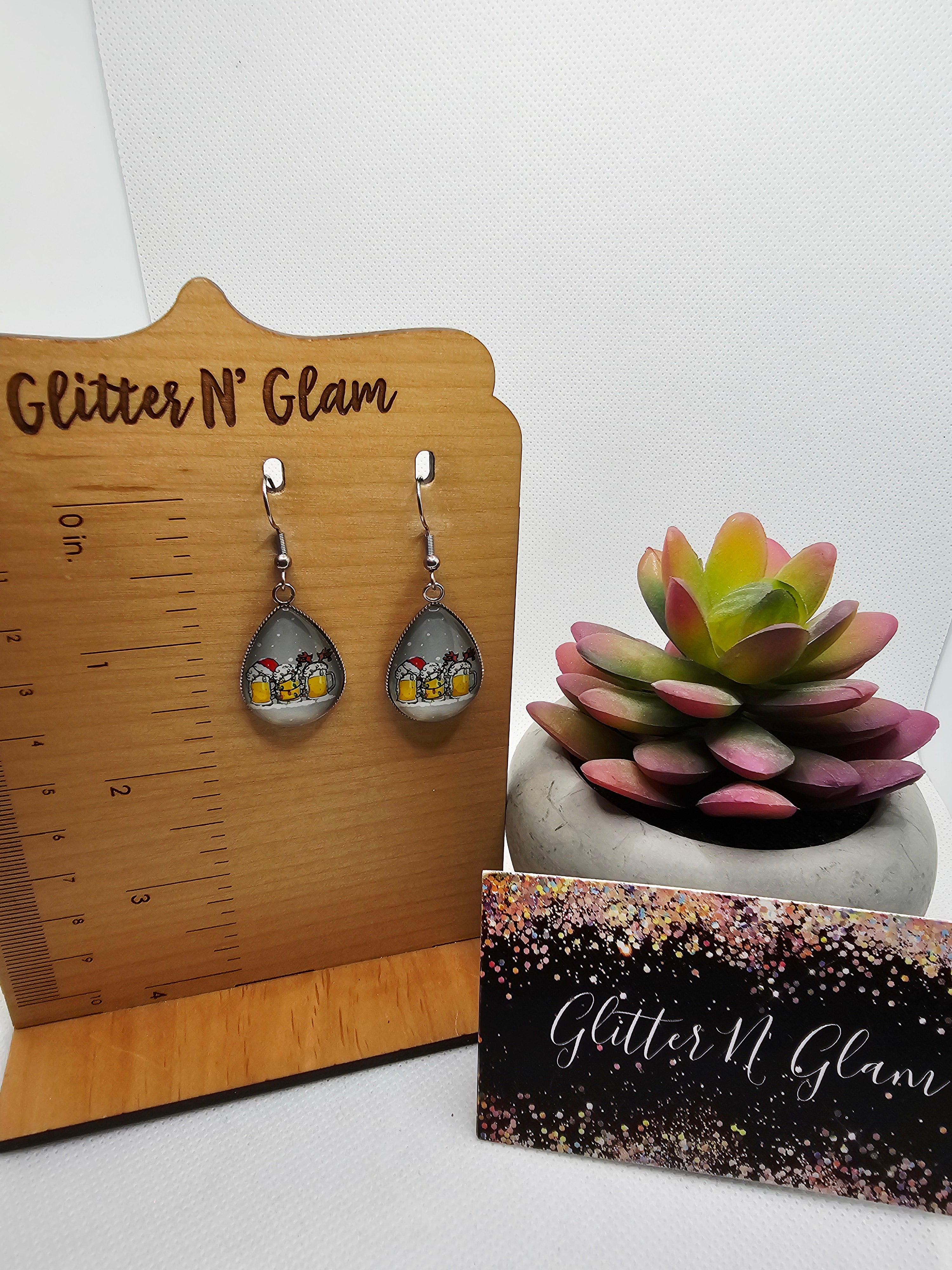 2703 Beer Glasses with Santa Hats Dangle Earrings