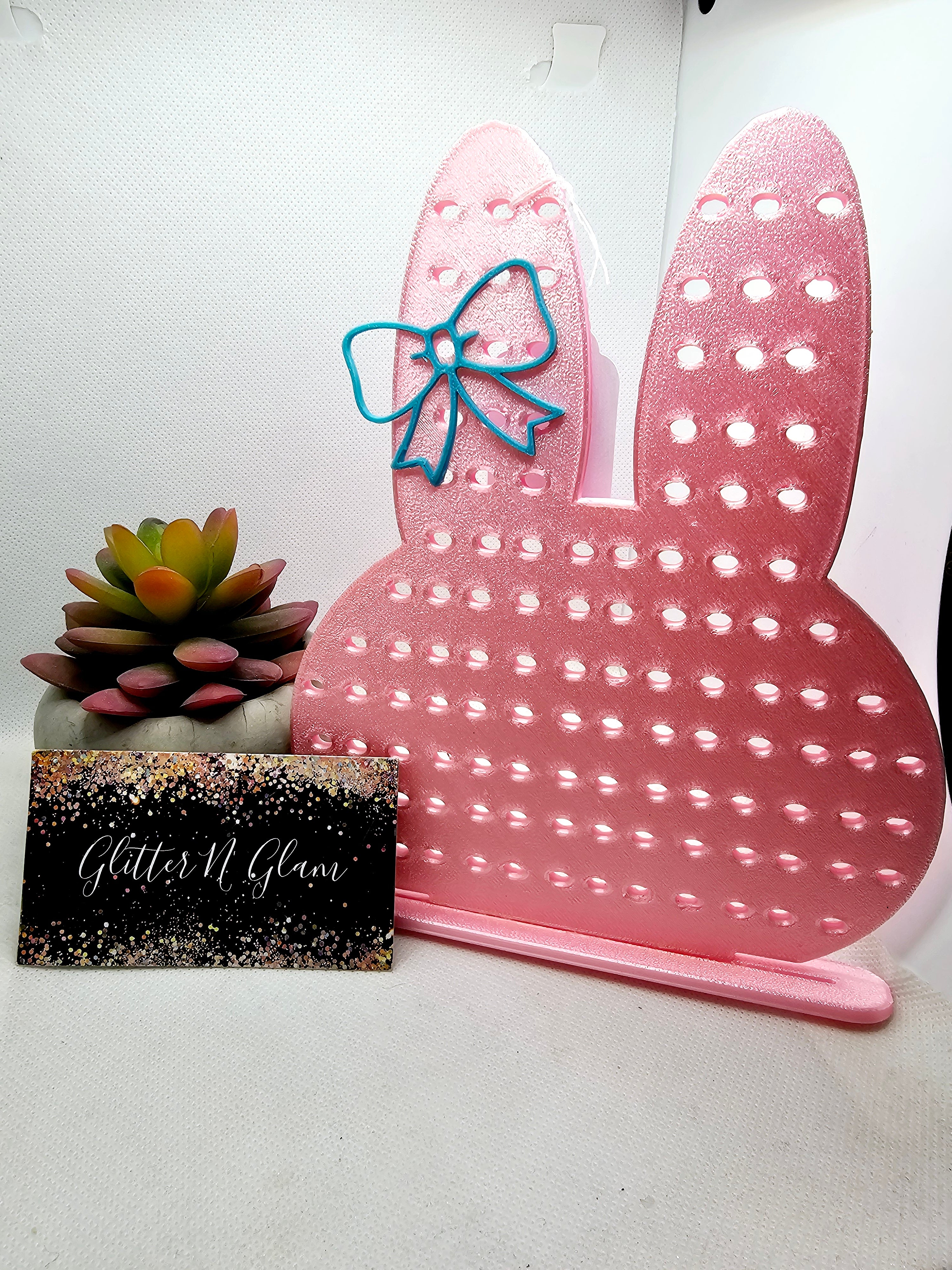 3D Coral Bunny with Teal Bow Earring Holder