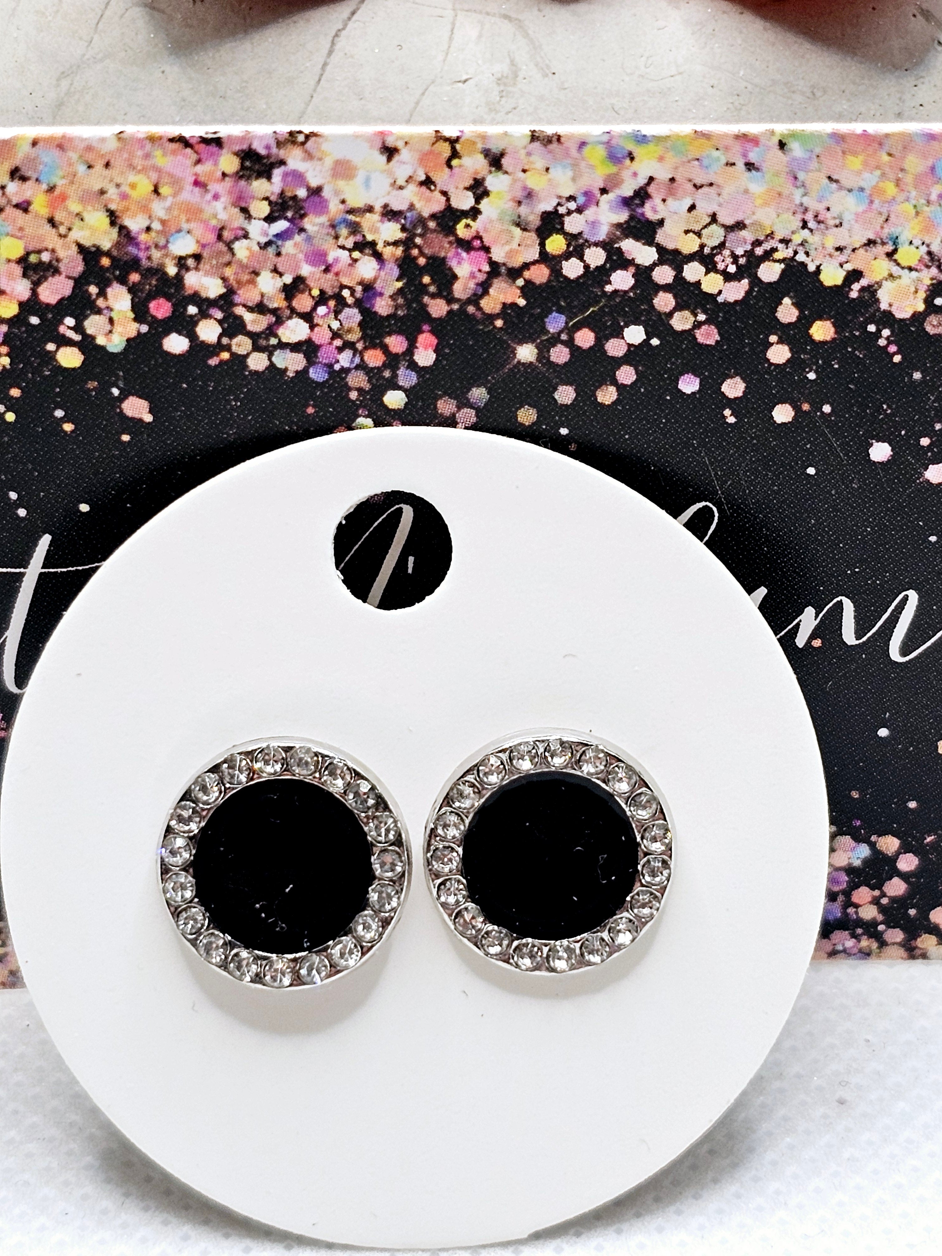 2563 Black and Silver Stud Earrings with Bling