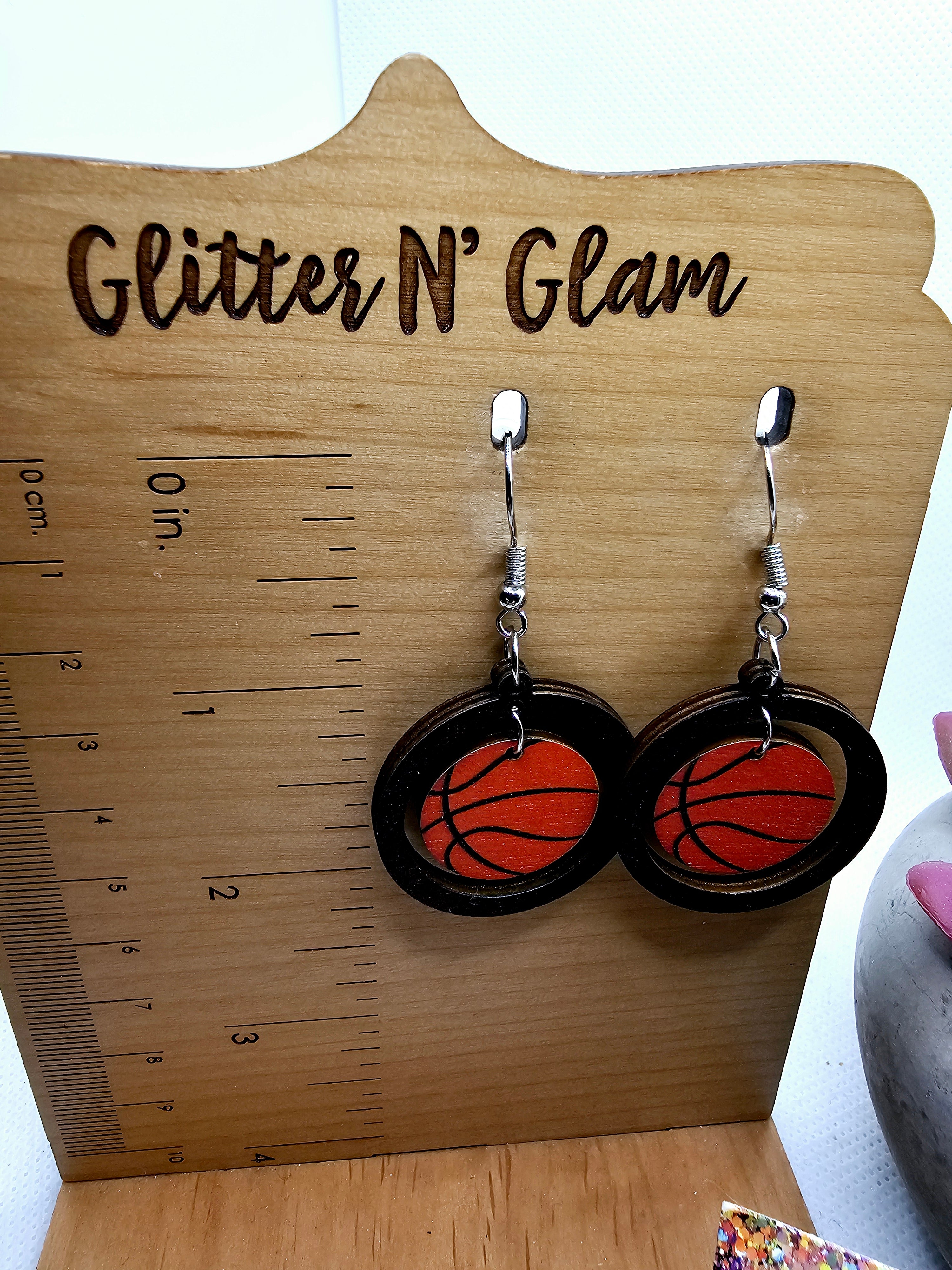 2548 Black Wood Basketball Dangle Earrings