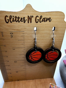 2548 Black Wood Basketball Dangle Earrings
