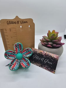 2641 Teal and Cow Print Leather Flower Hair Claw Clip