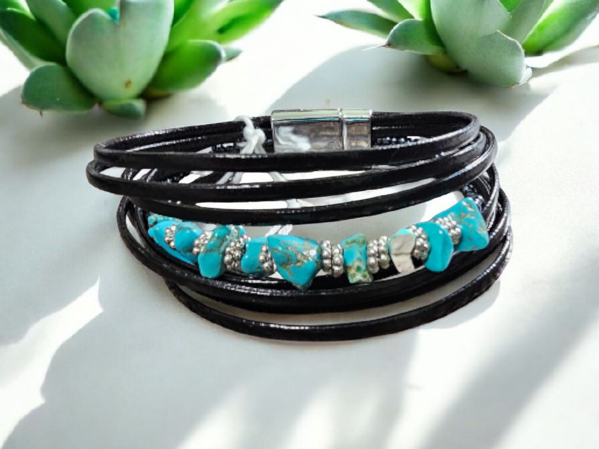 2784 Black Leather Wrap Bracelet with Turquoise Stones with Magnetic Clasp