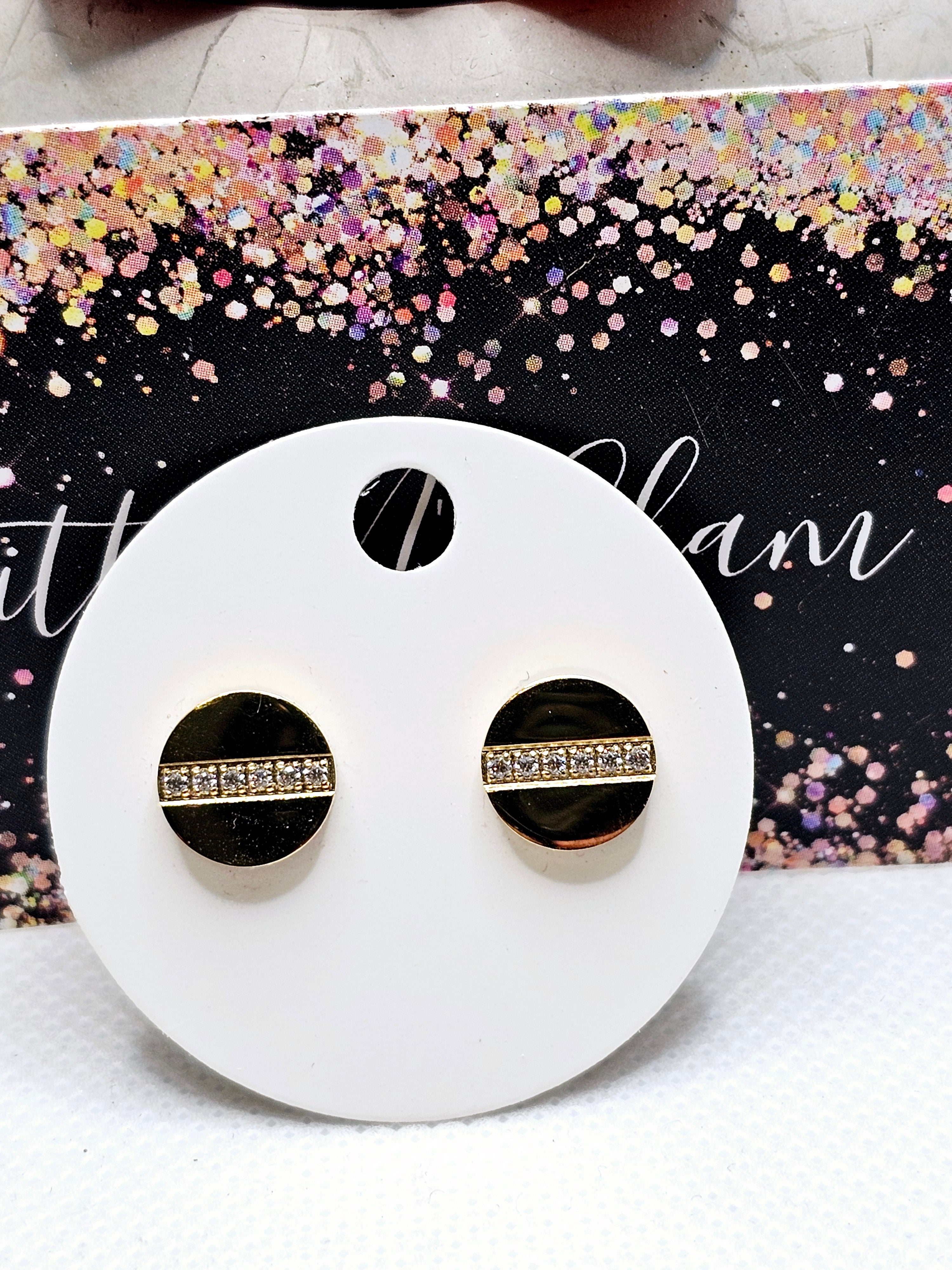2544 Gold Stud Earrings with Bling Across the Middle