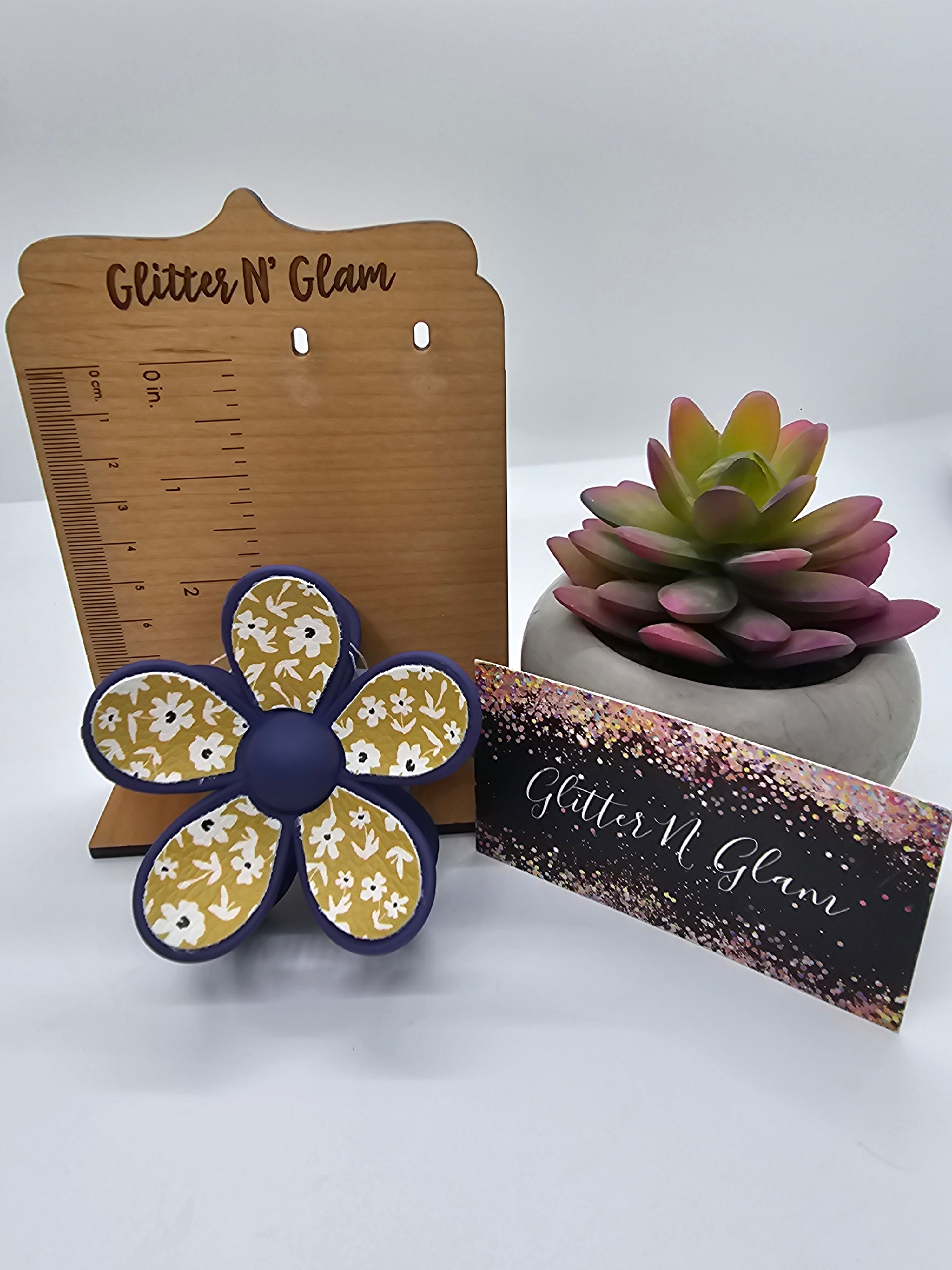 2628 Mustard Yellow and Navy Floral Leather Flower Hair Claw Clip