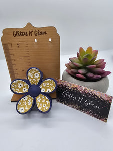 2628 Mustard Yellow and Navy Floral Leather Flower Hair Claw Clip