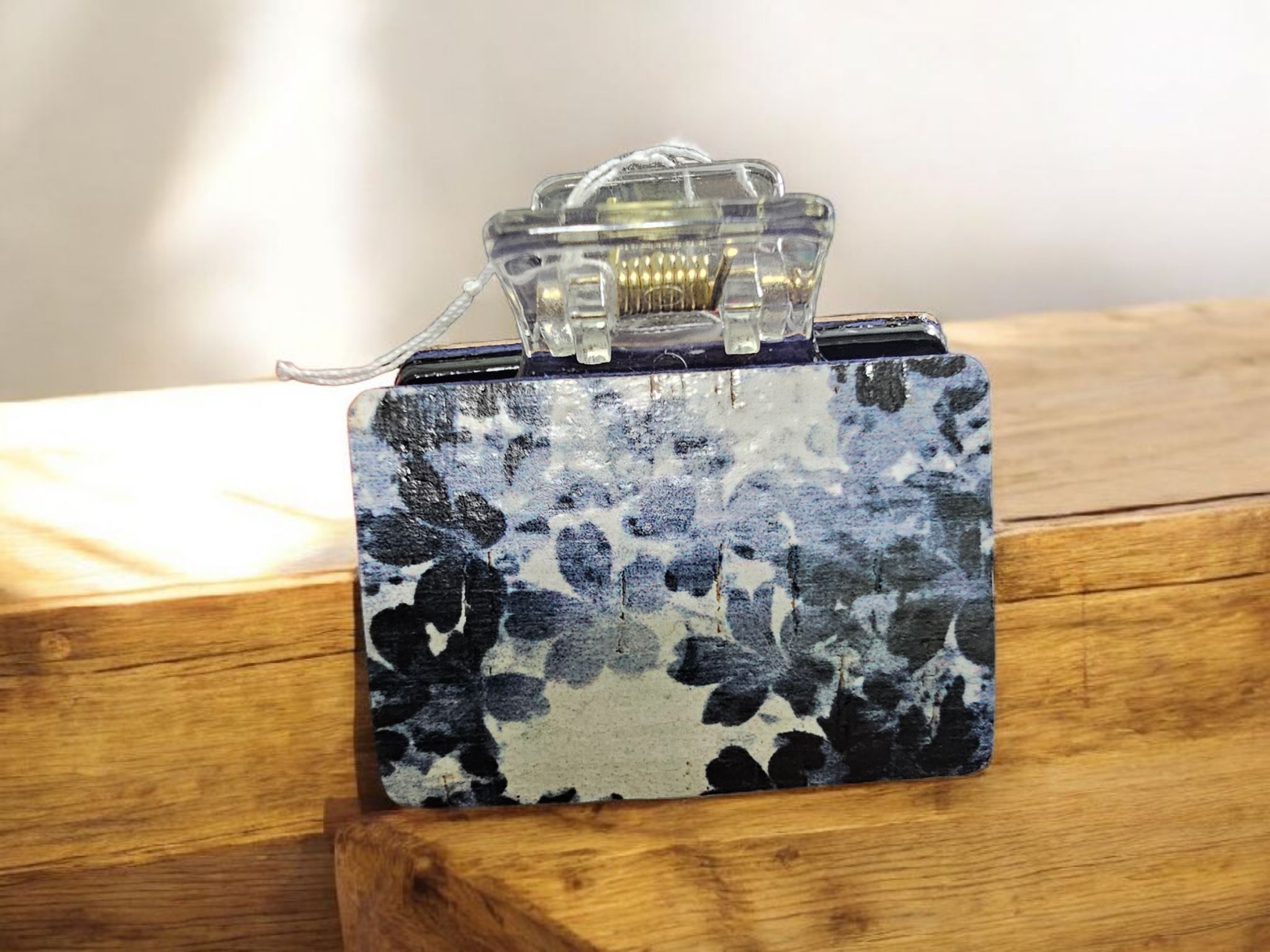 2751 Navy Blue Floral Small Leather Hair Claw Clip