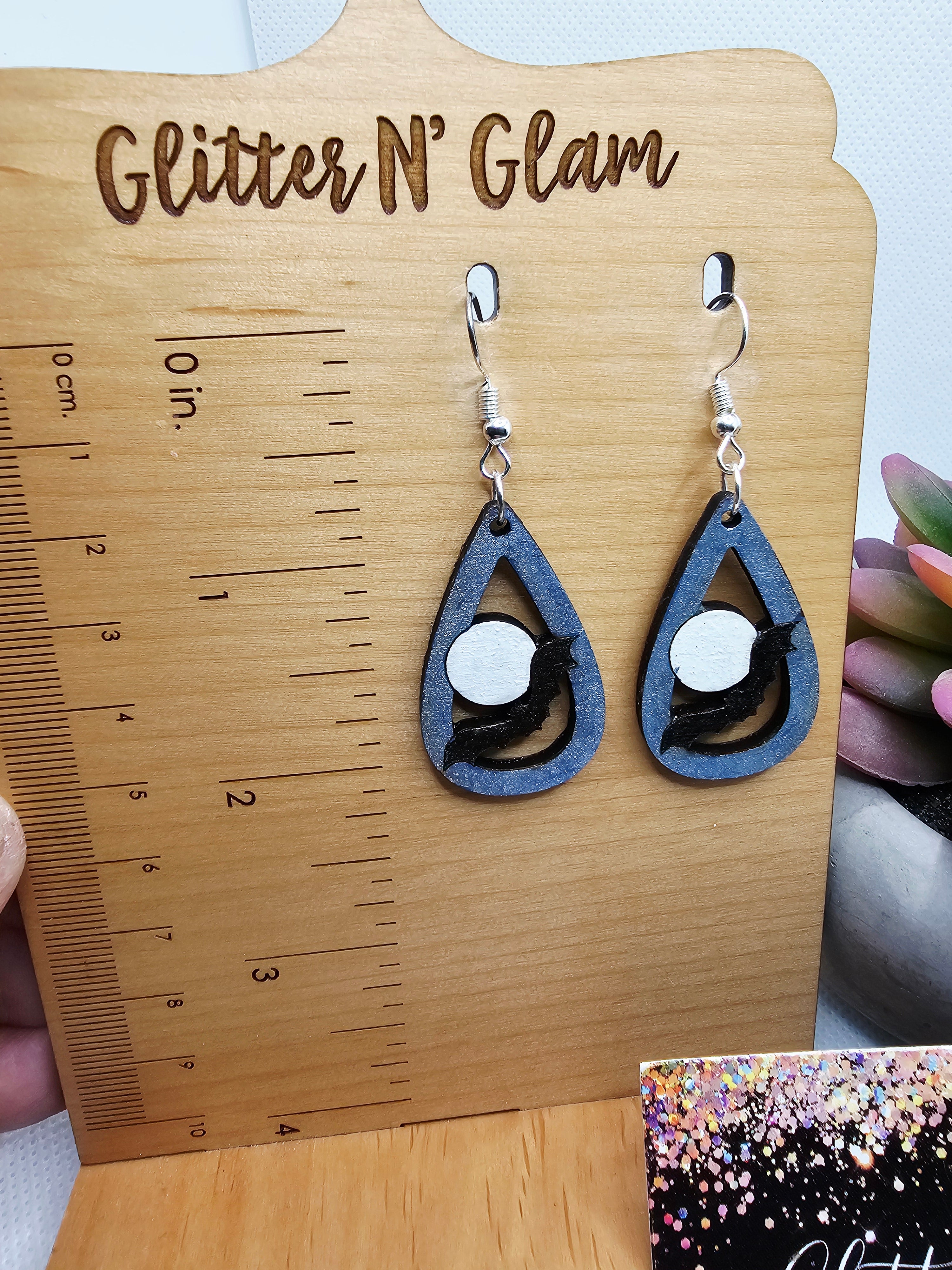 2682 Bat n Moon Wood Dangle Earrings