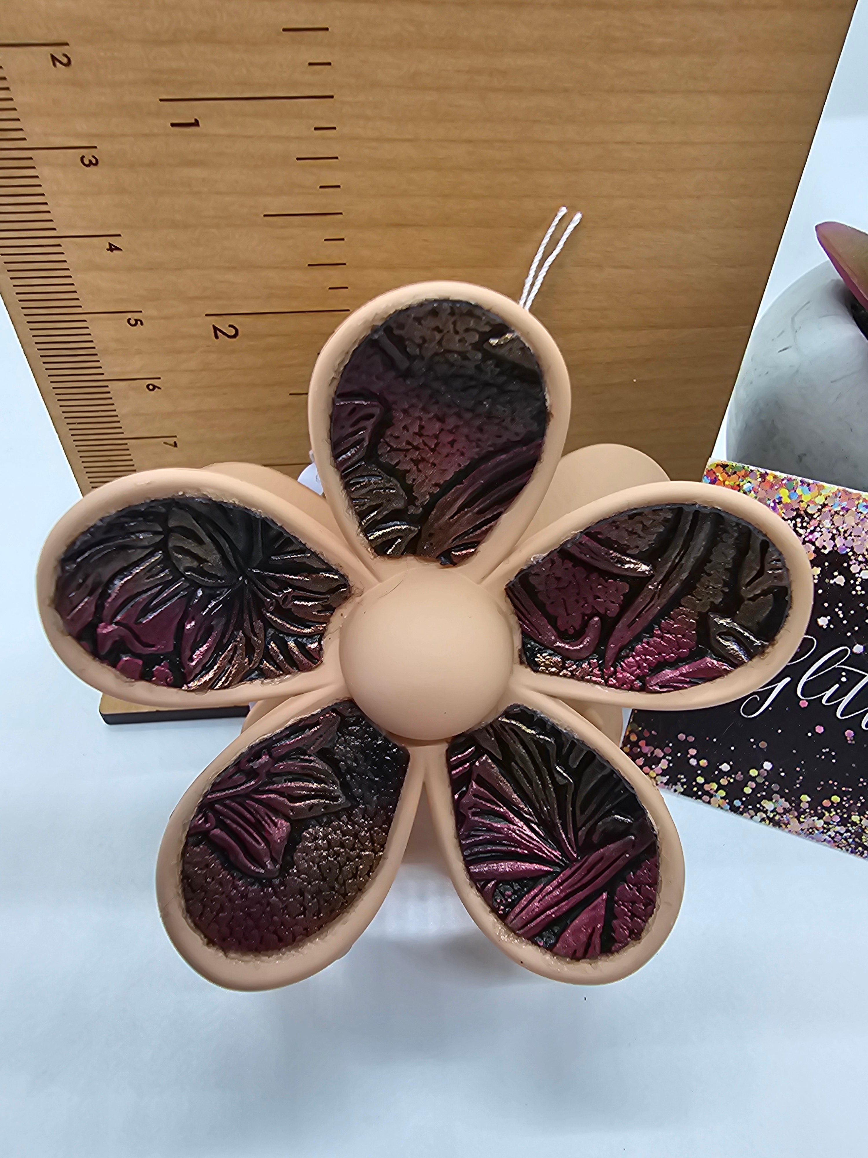 2615 Embosed Metalic Floral Flower Leather Hair Claw Clip