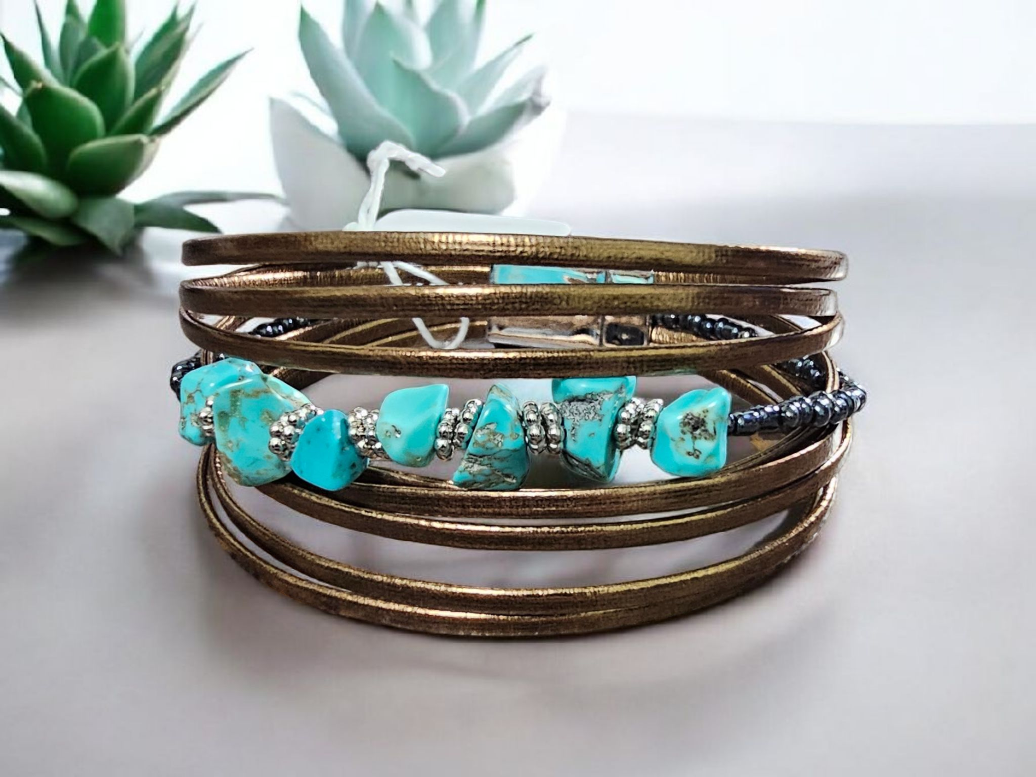 2785 Bronze Leather Wrap Bracelet with Turquoise Stones with magnetic closure