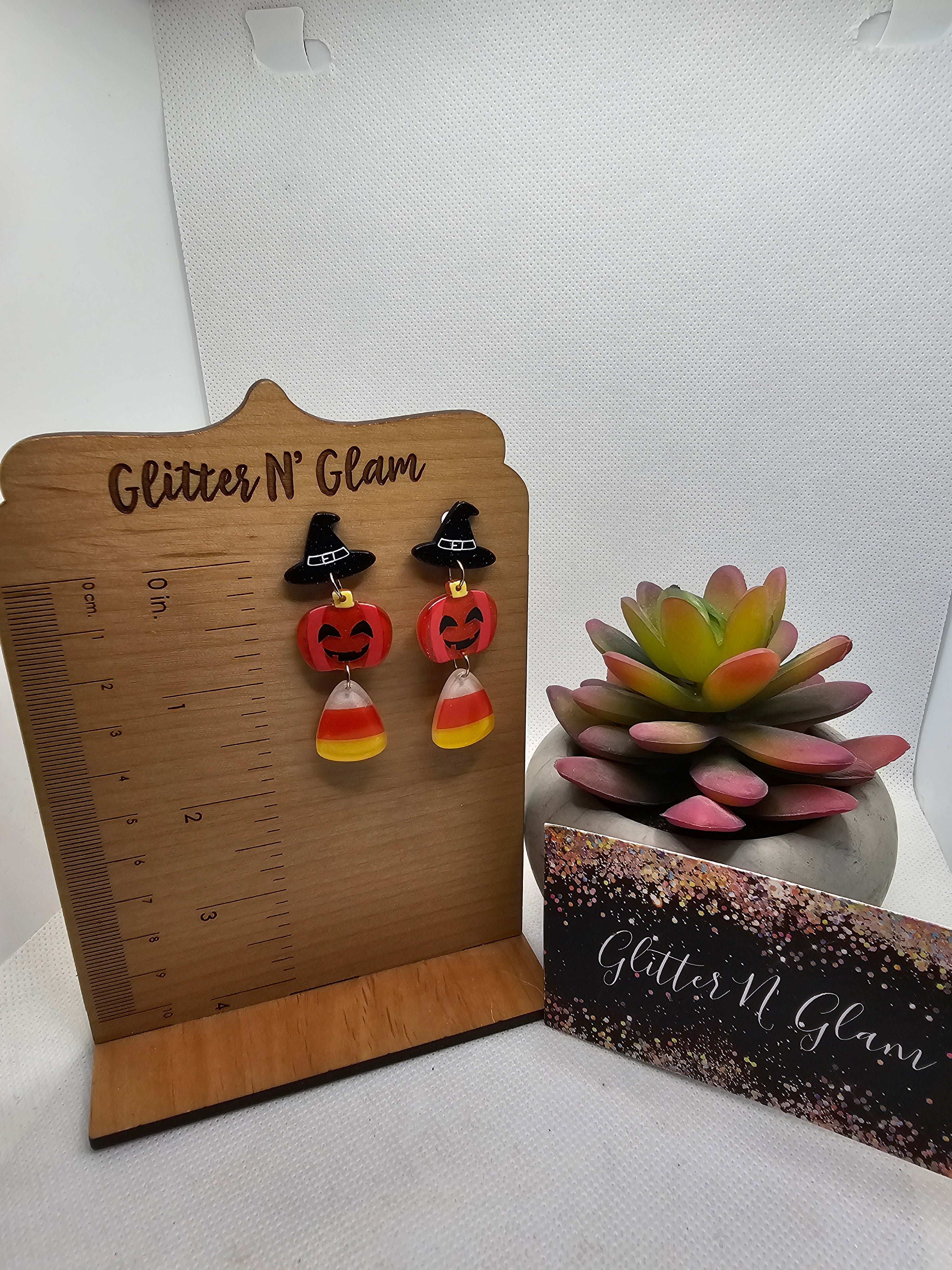 2695 Witches hat, Pumpkin and Candy Corn Dangle Earrings
