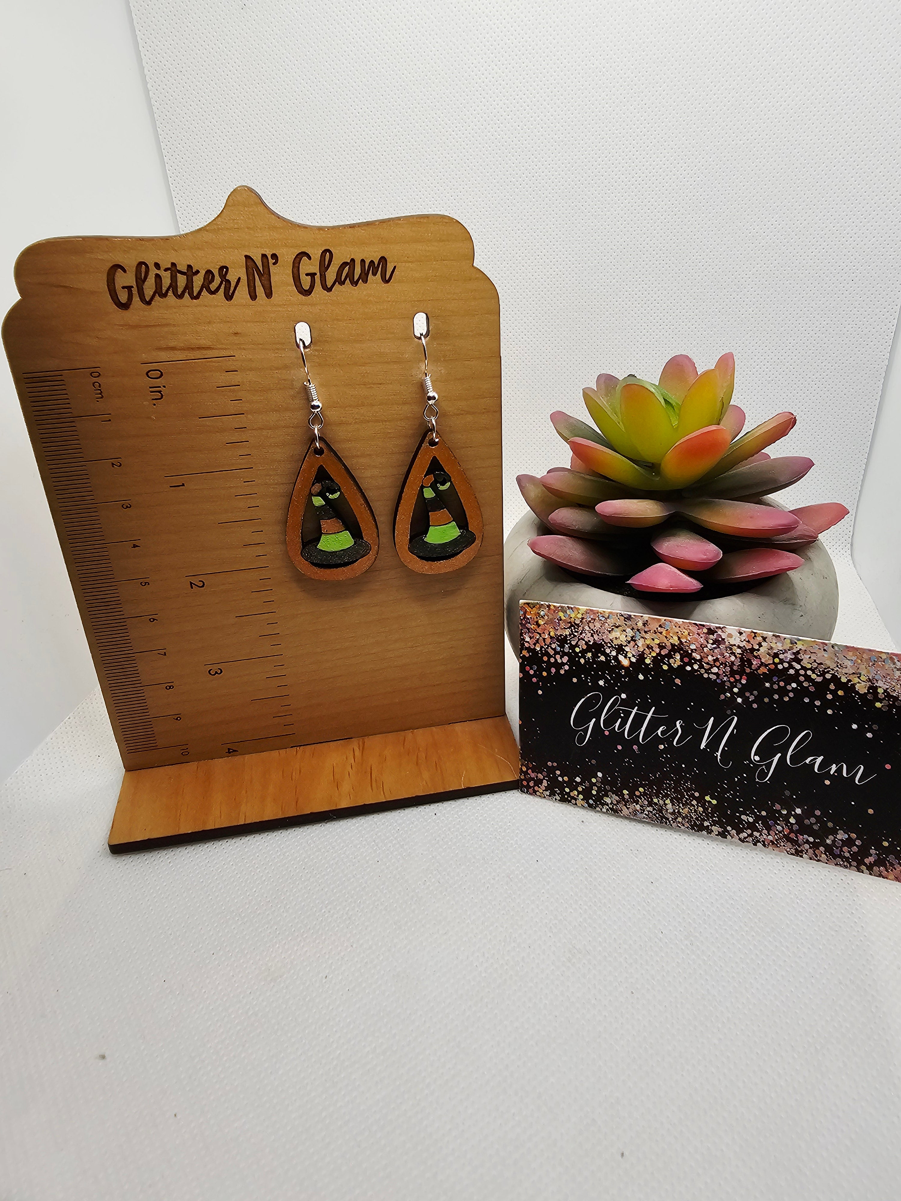 2683 Multicolored Witches Hat Wood Dangle Earrings