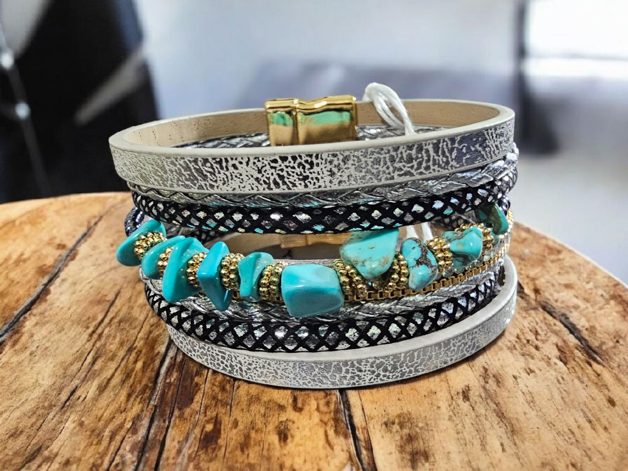 2783 Silver and Black with Turquoise Beads Wrap Bracelet with Magnetic Clasp