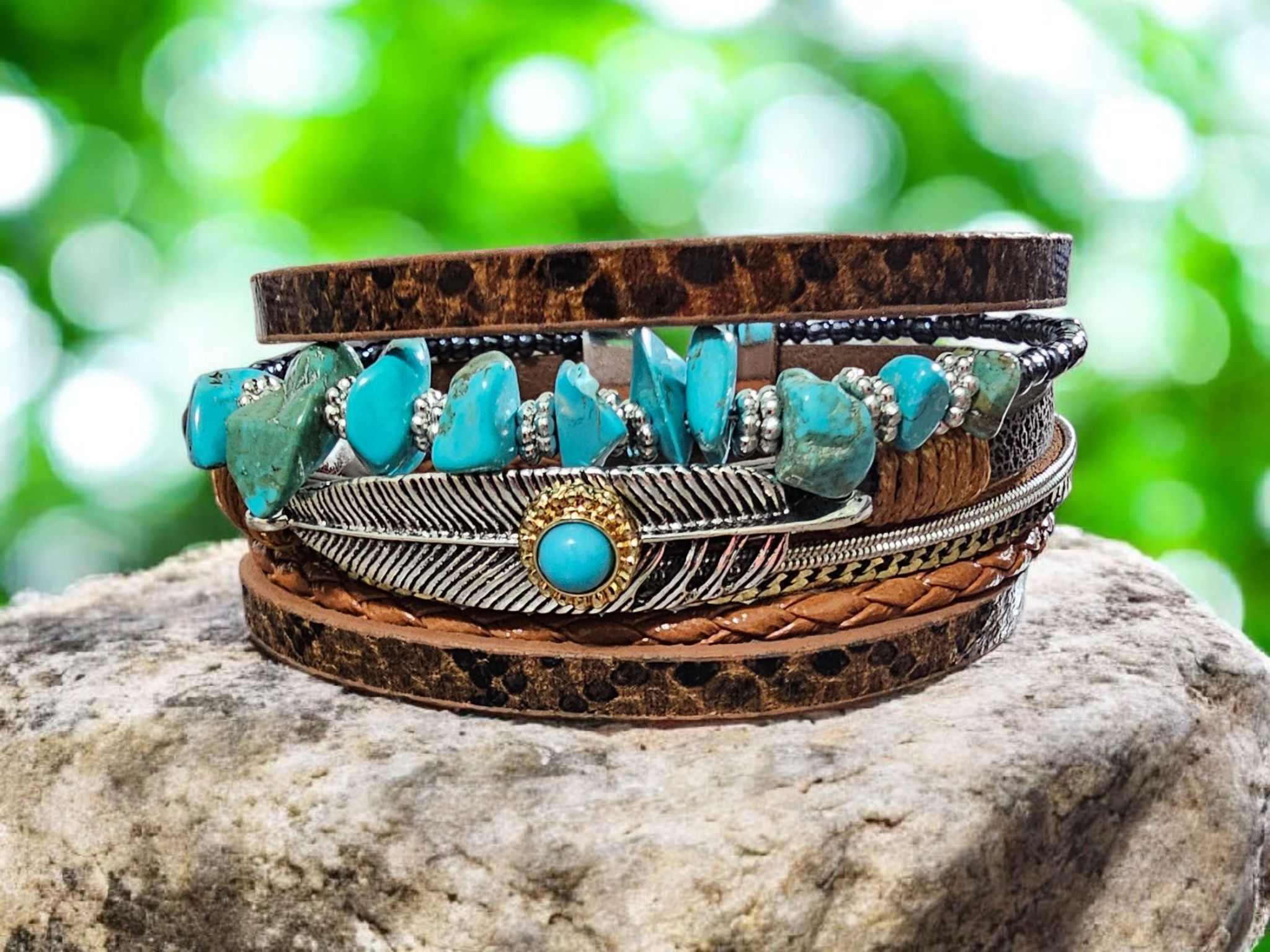 2771 Brown Leather with Turquoise Accents Leather Wrap Bracelet with Magnetic Clasp
