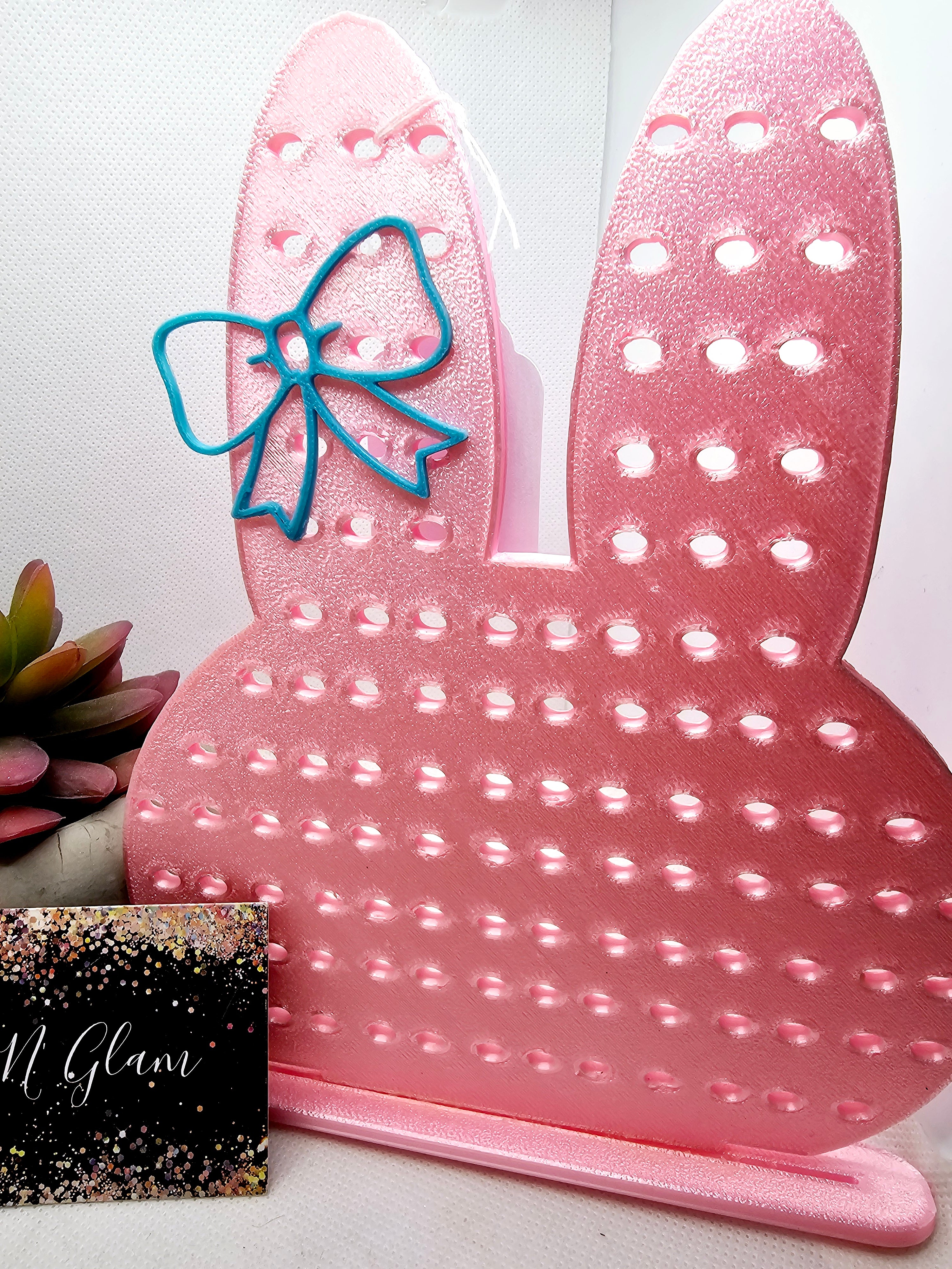 3D Coral Bunny with Teal Bow Earring Holder