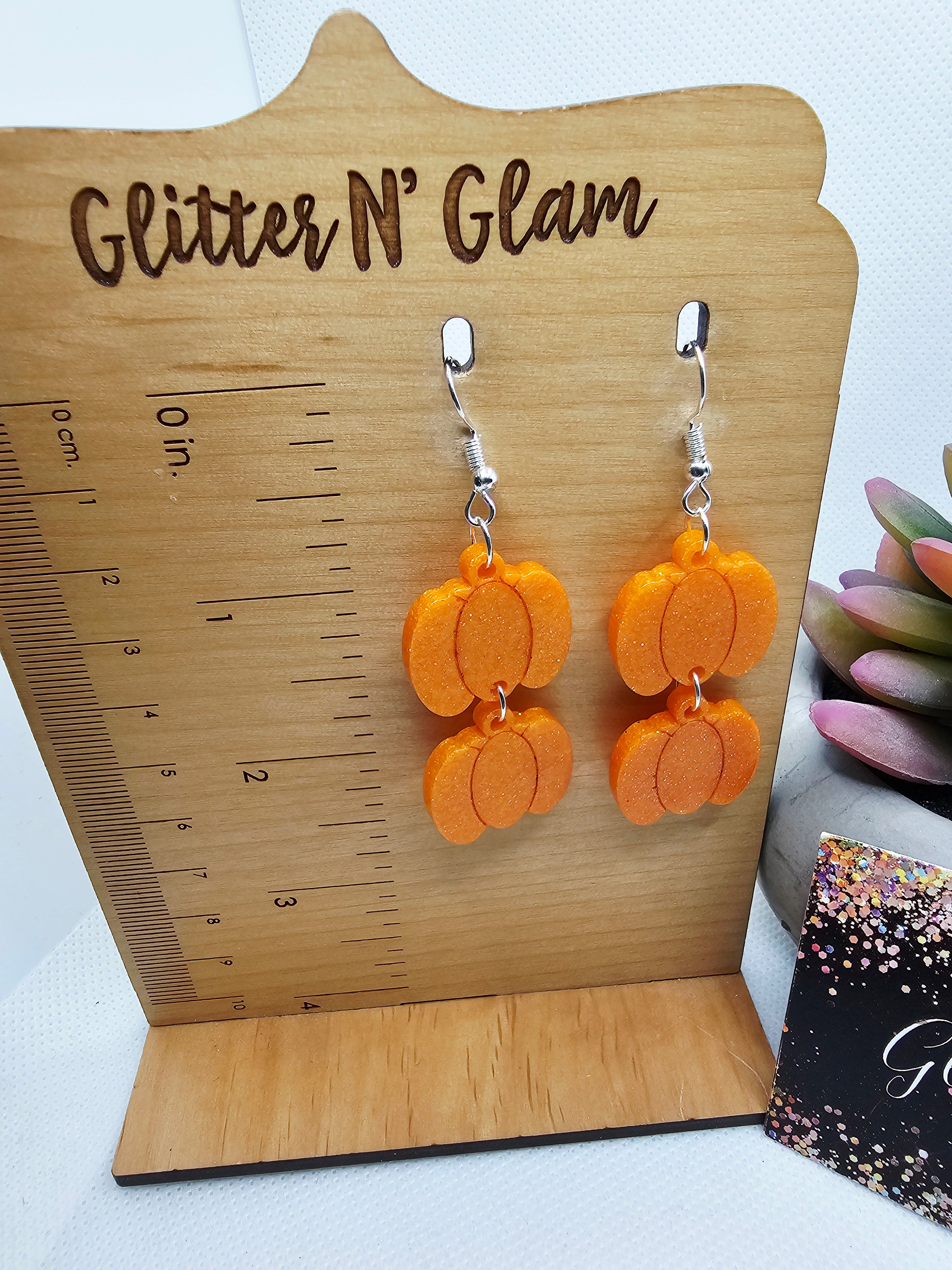 2687 Orange Sparkly Pumpkin Dangle Earrings