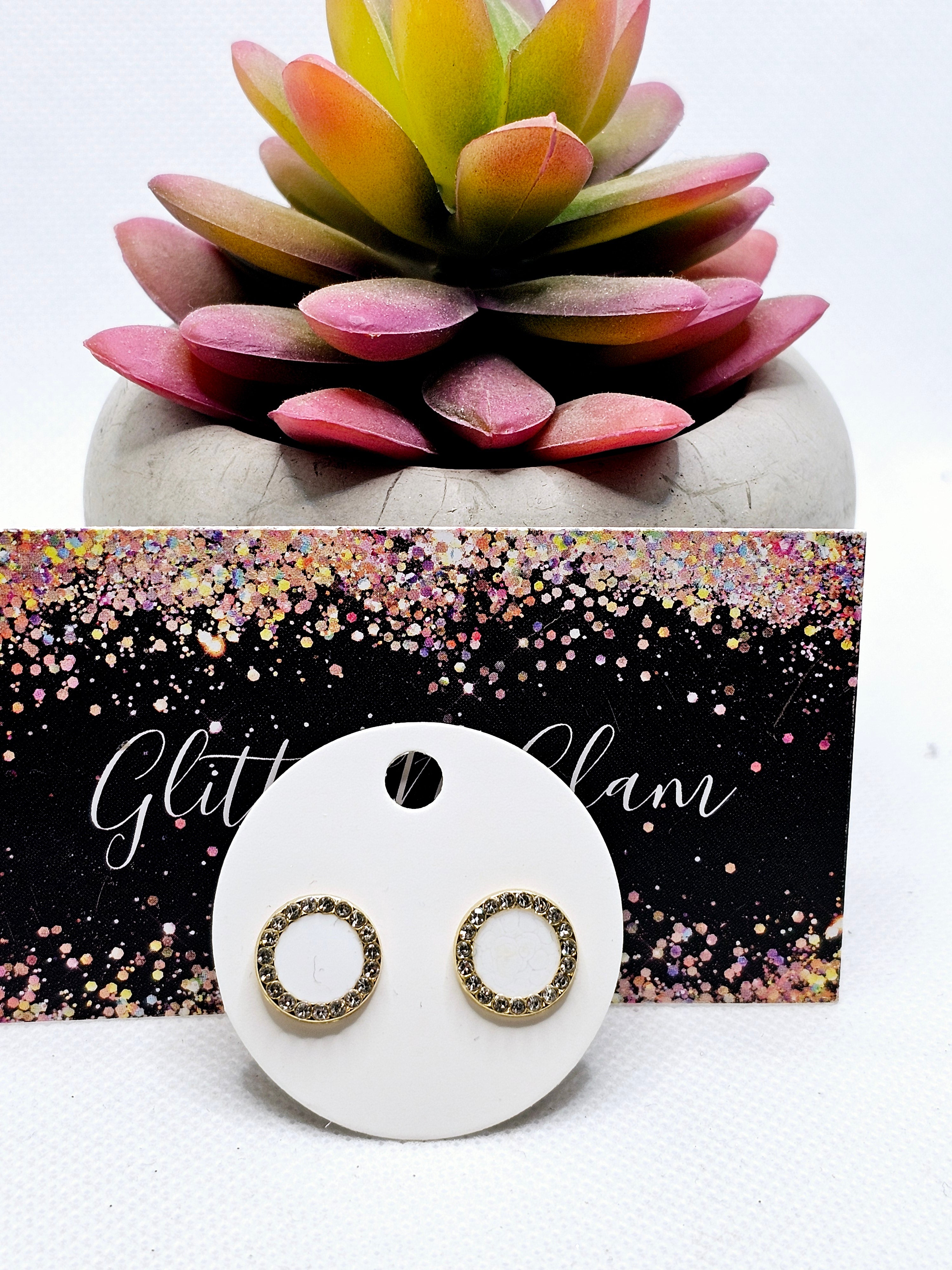 2562 Gold and White Stud Earrings with Bling